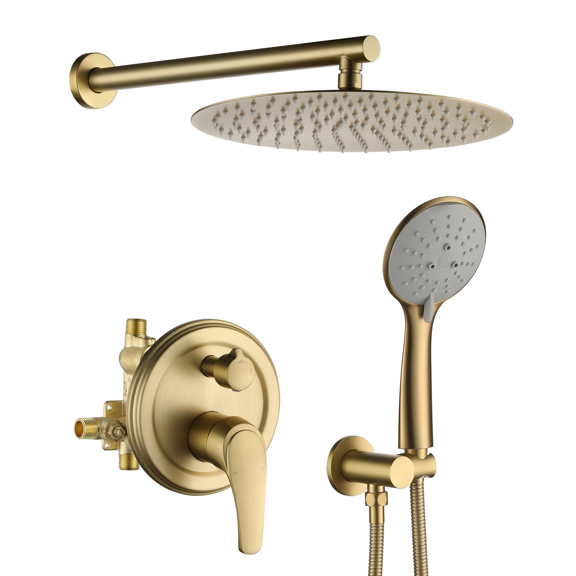 CASAINC WF-DB96102H-10 5 Spray Patterns with 12 inch Wall Mount Shower Heads Brushed Gold 12-in Built-In Shower Faucet System with 5-way Diverter ( Pressure-balanced Valve Included )