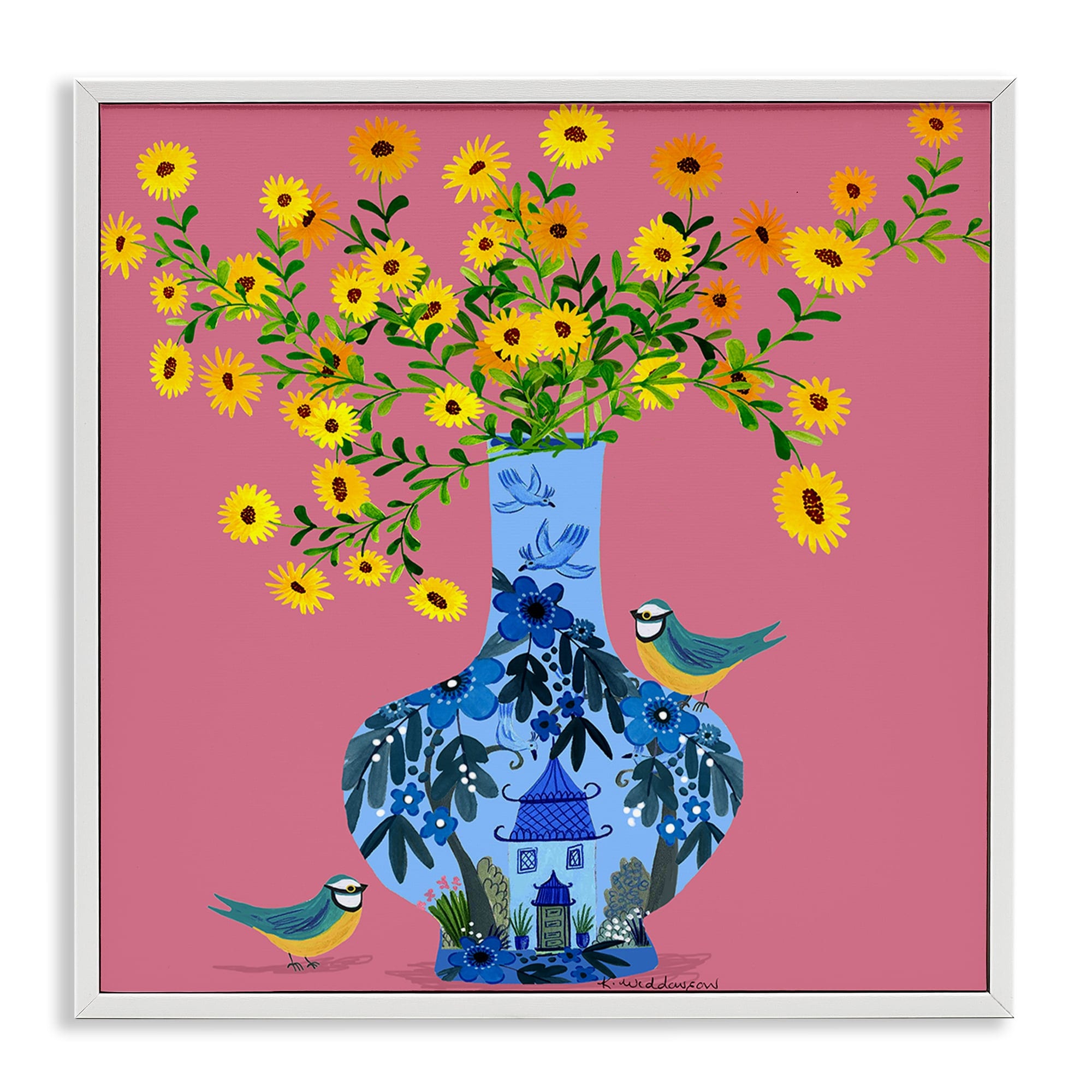 Stupell Industries BS-611-WFR-24X24 Ornate Vase with Daisies White Framed Giclee Art By Kay Widdowson 24 x 24