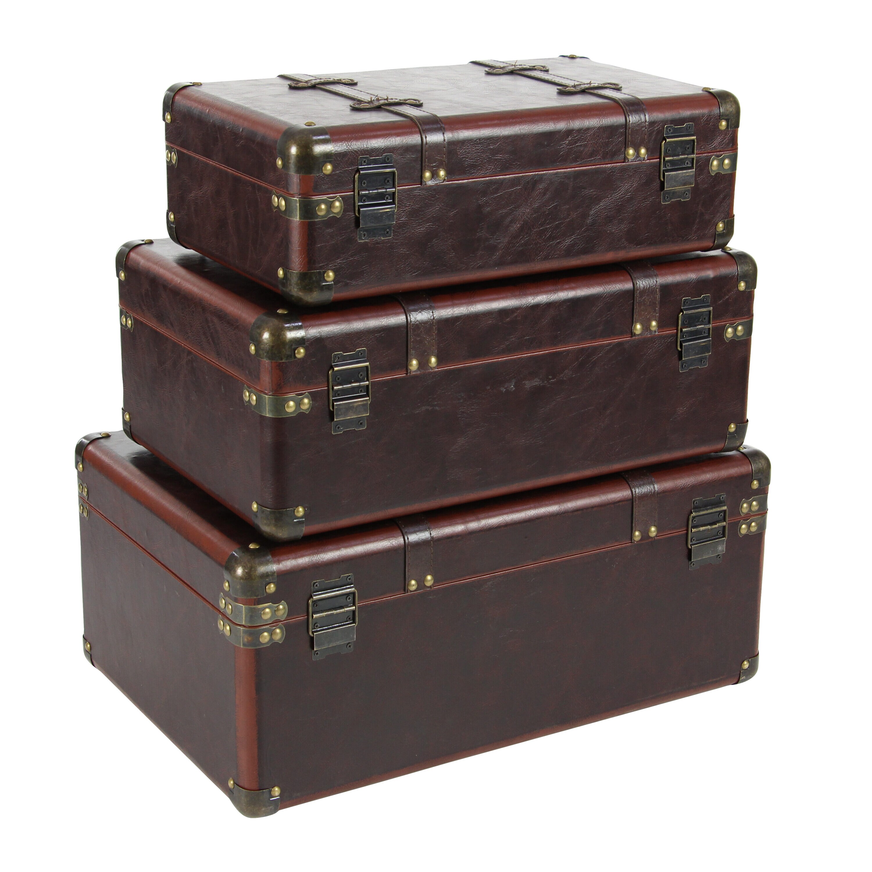Vintage Charm Nested Faux Leather Trunks, Set of 3, Brown with Stud Accents
