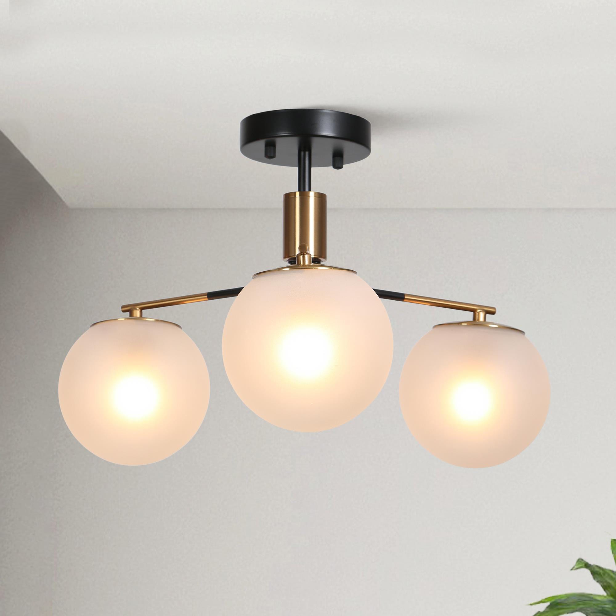 Modern 19" Matte Black and Brass Semi-Flush Mount with Frosted Glass Globes