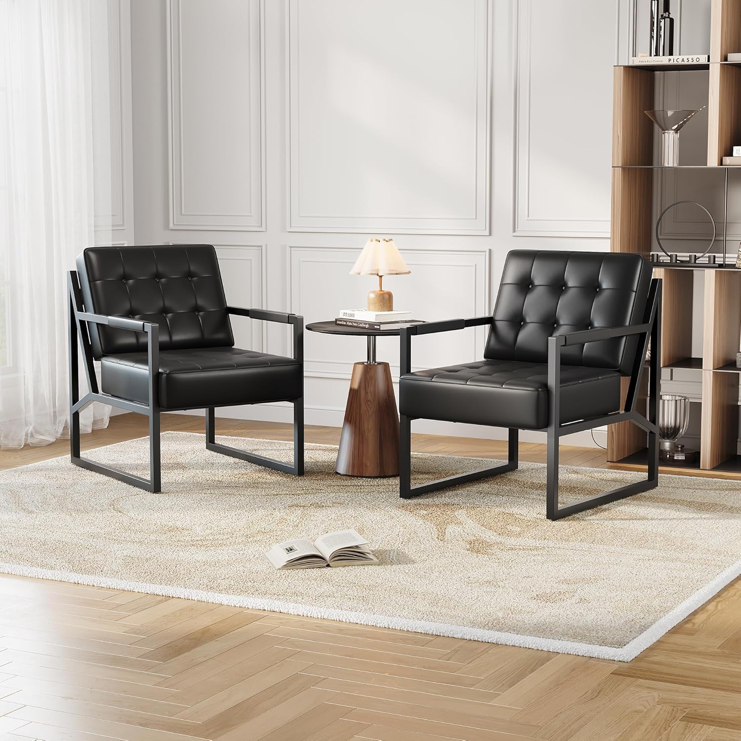 IdealHouse PU Leather Accent Chair Set of 2 Mid Century Modern Armchairs with Thick Cushion and Metal Frame for Living Room Bedroom Office Waiting