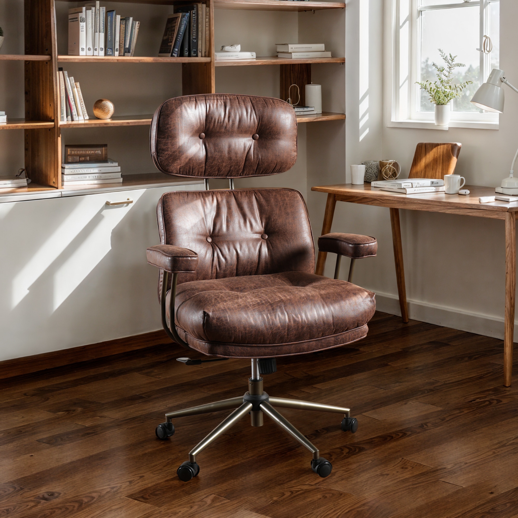 Pouuin SCKS30 Dark Brown Contemporary Ergonomic Adjustable Height Swivel Upholstered Desk Chair