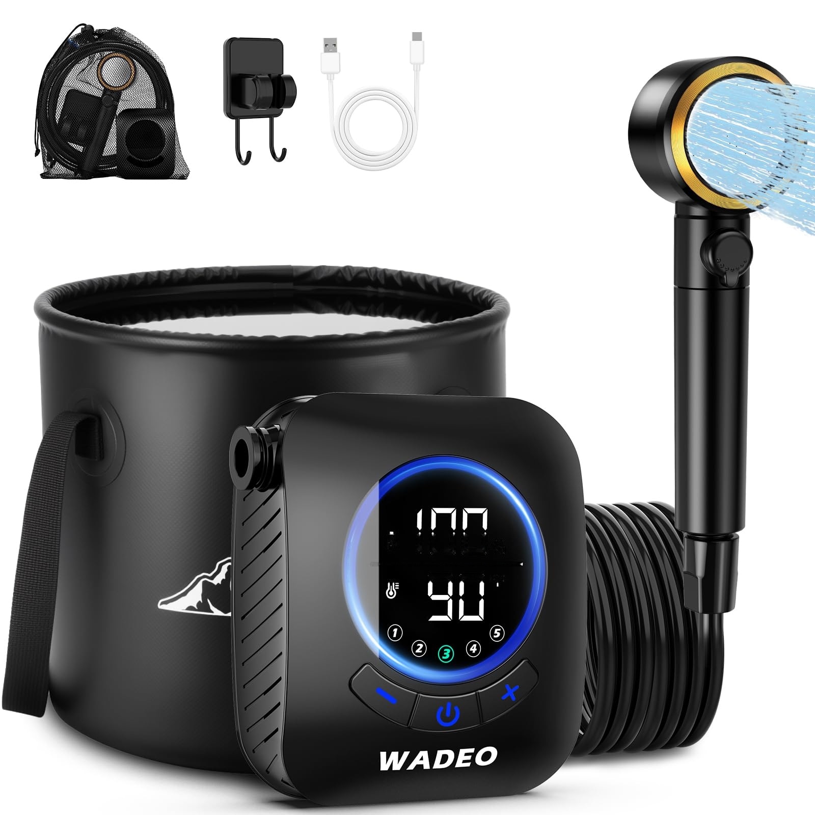 Lukvuzo  Portable Camping Shower with renewable power power cell Foldable Water Bucket and Adjustable Water Pressure for Outdoor Hiking Travel