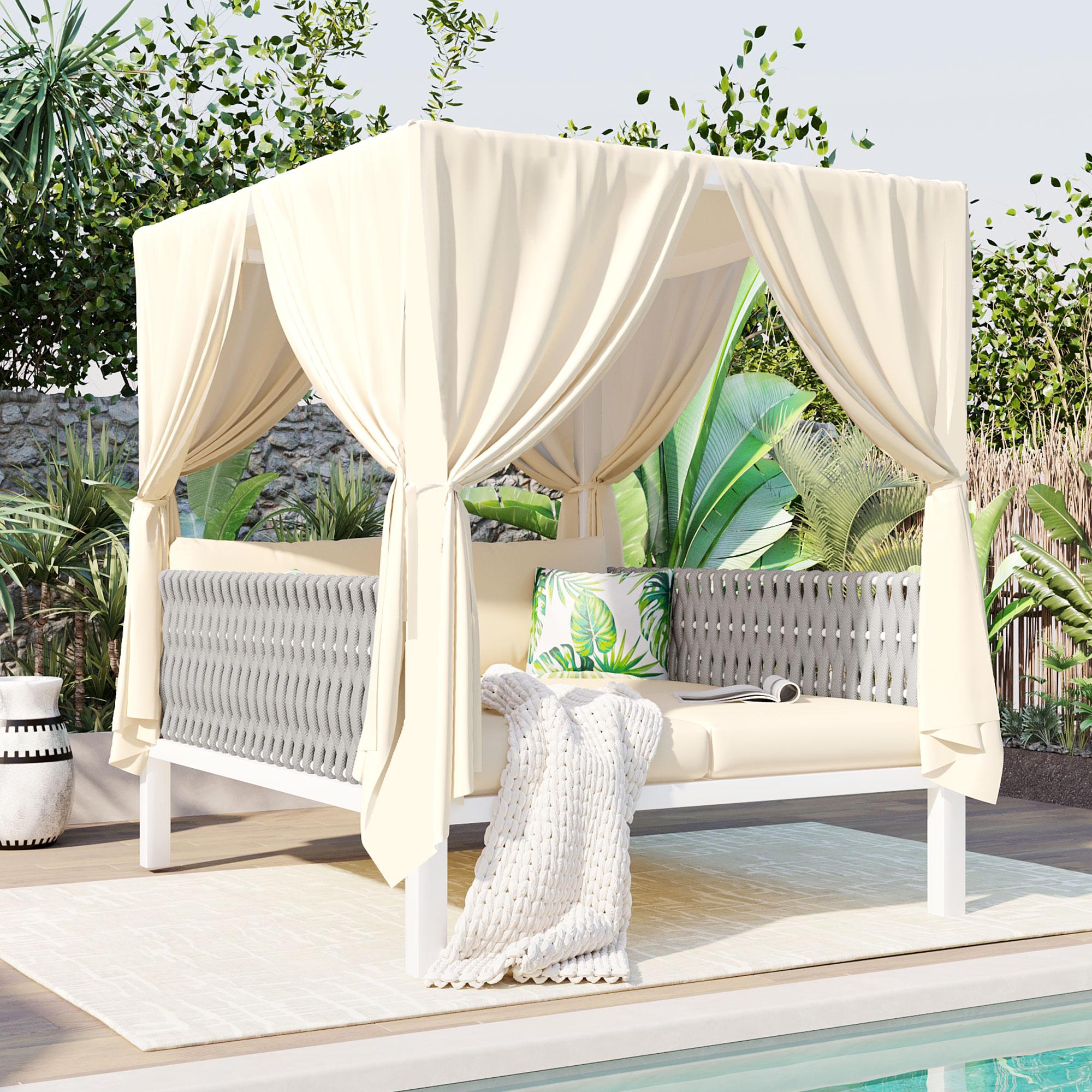 Bayfeve BFUS-395A-PCS High Comfort Woven Rope Patio Sunbed with Curtains Woven Outdoor Daybed with Off-white Cushions and Iron Frame