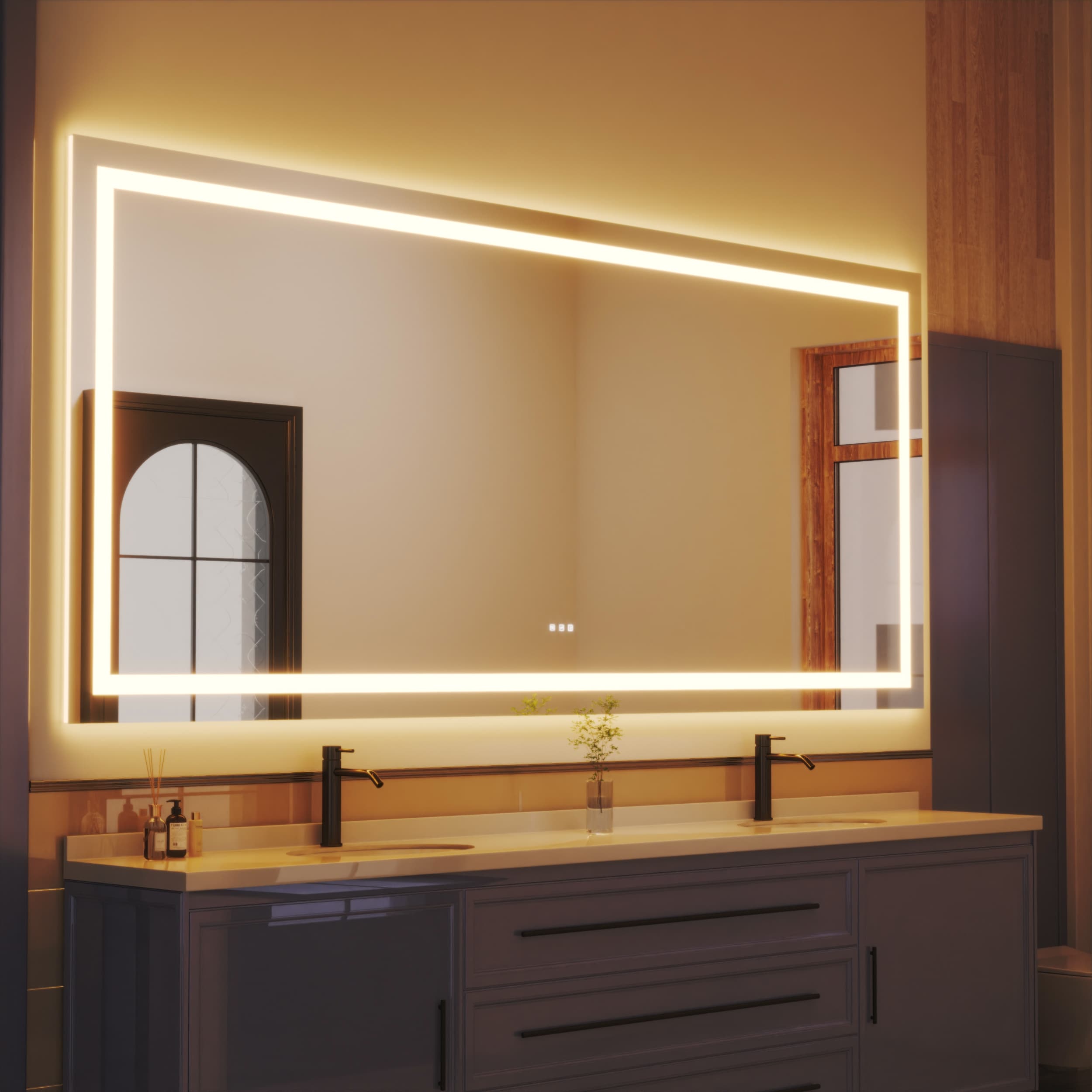 waterpar WPLO-2289 Backlit + Frontlit 99-in x 39-in Polished Frameless Rectangle Dimmable LED Lighted Fog Free Bathroom Vanity Mirror ( Clear )