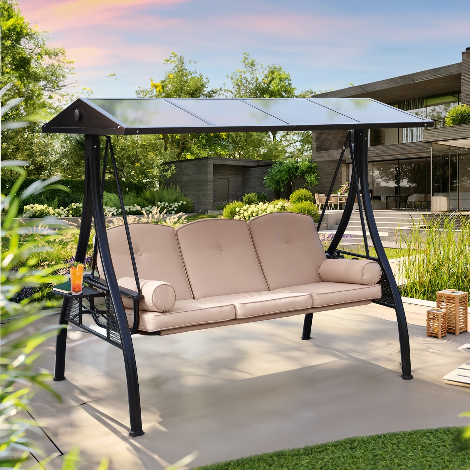NOBLEMOOD LS-2020KH Porch Swings Gliders 3 -person Brown Aluminum Outdoor Swing bed