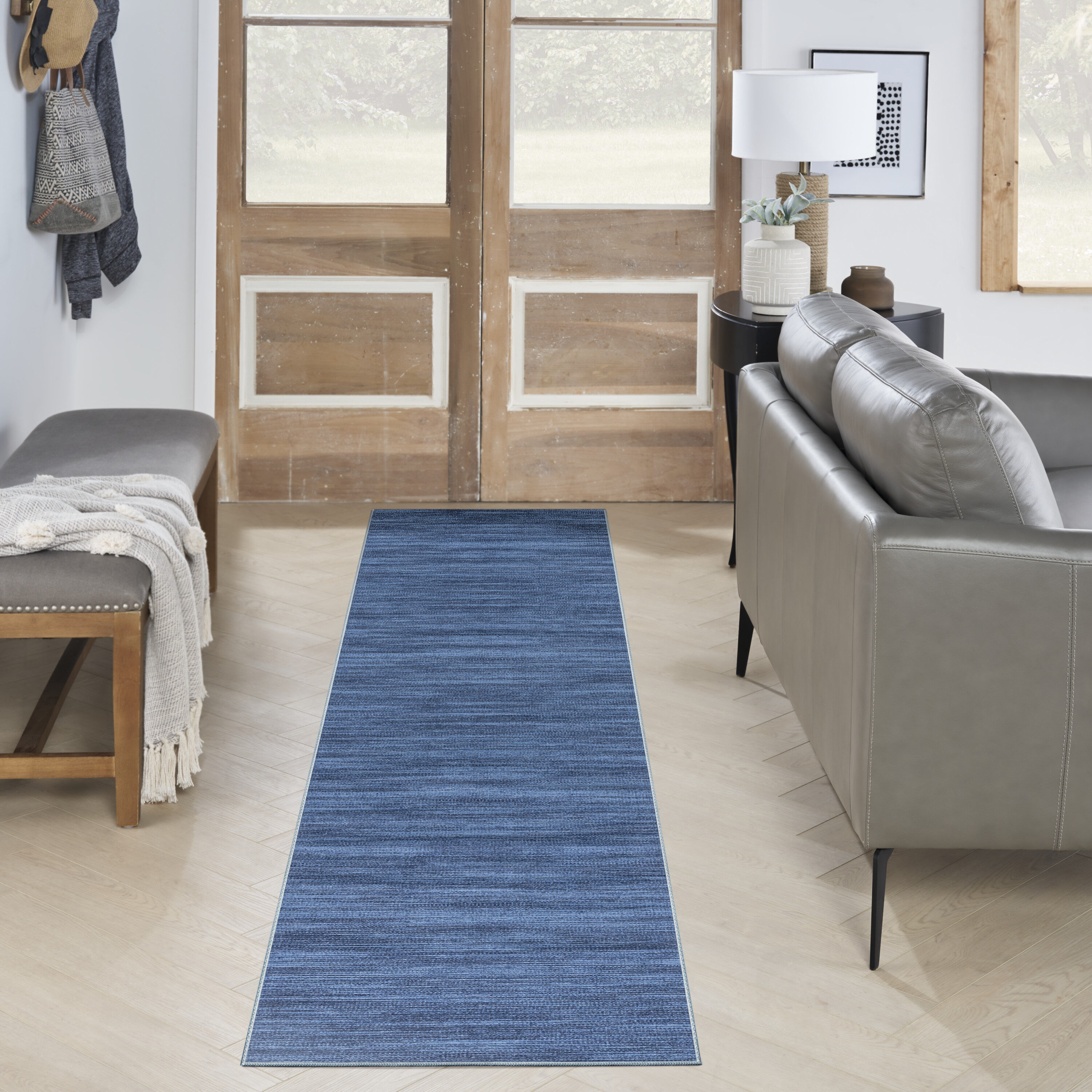 Nourison 099446912800 Washables 2 x 10 (ft) Loomed Polyester Blue Rectangular Indoor Abstract Machine washable Area rug