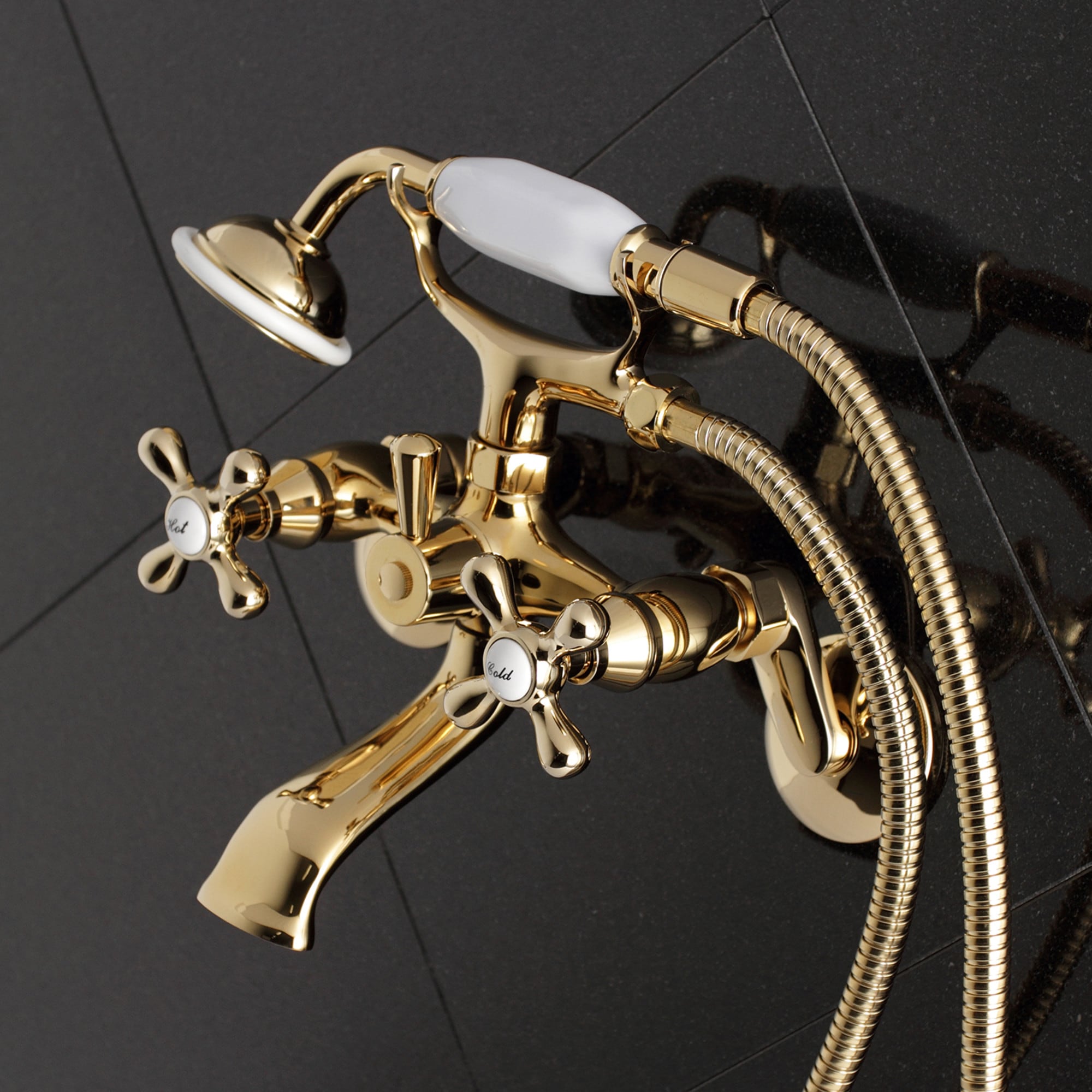 Charleston Polished Brass Triple Handle Wall Mounted Clawfoot Tub Faucet