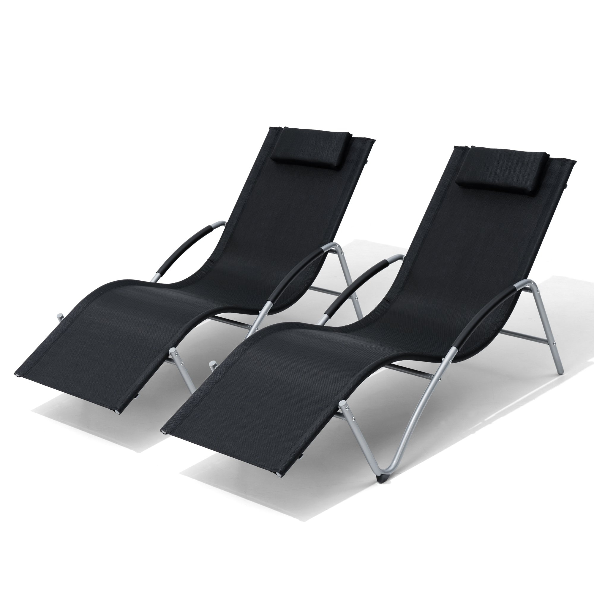 Crestlive Products CL-LG033BLK-2 2 pc outdoor lounge chair Set of 2 Gray Metal Frame Stationary Chaise Lounge Chair with Black Mesh Seat