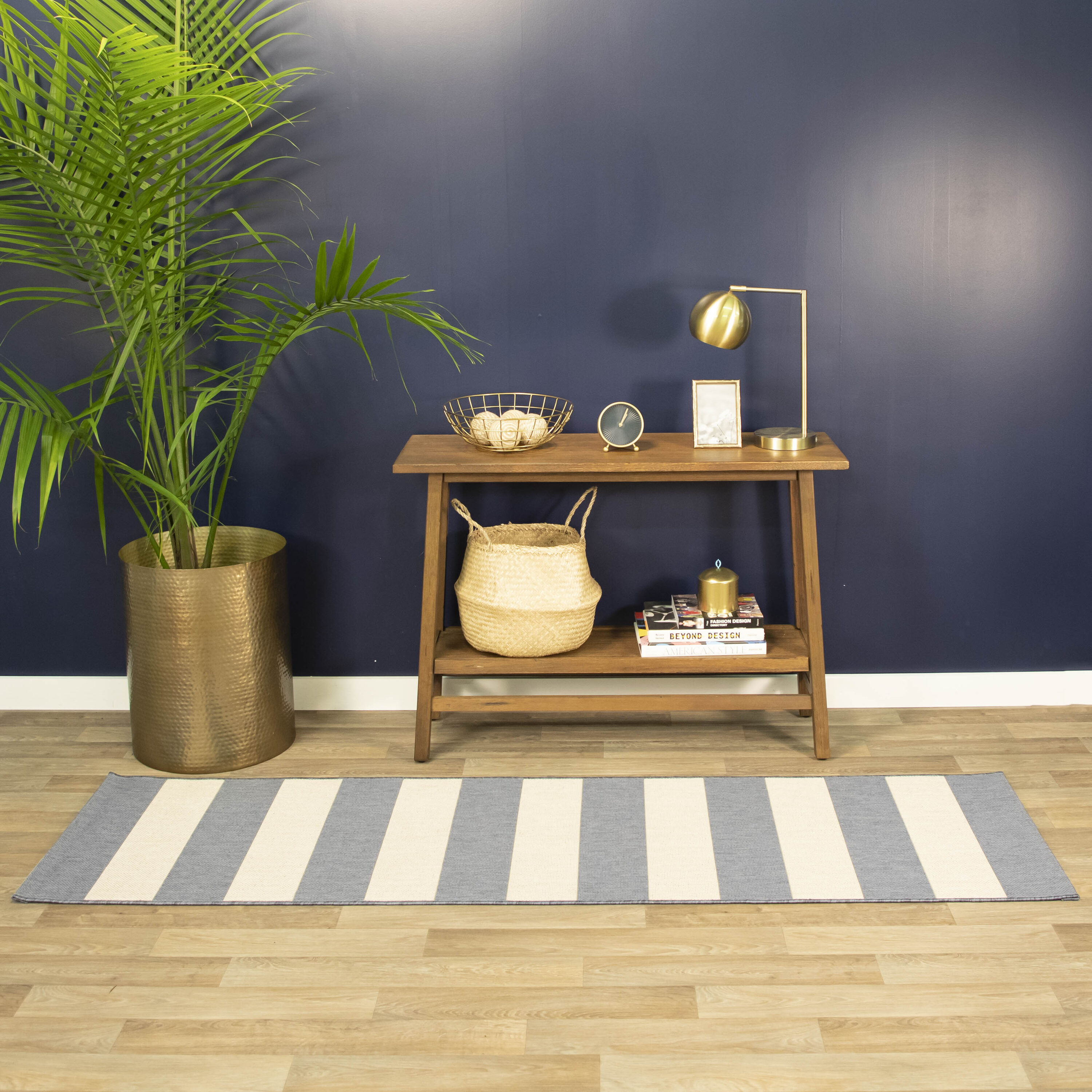 allen + roth 3003573 Aleah 2 x 7 (ft) Flatweave Polypropylene Blue Rectangular Outdoor Stripe Farmhouse/Cottage Runner rug