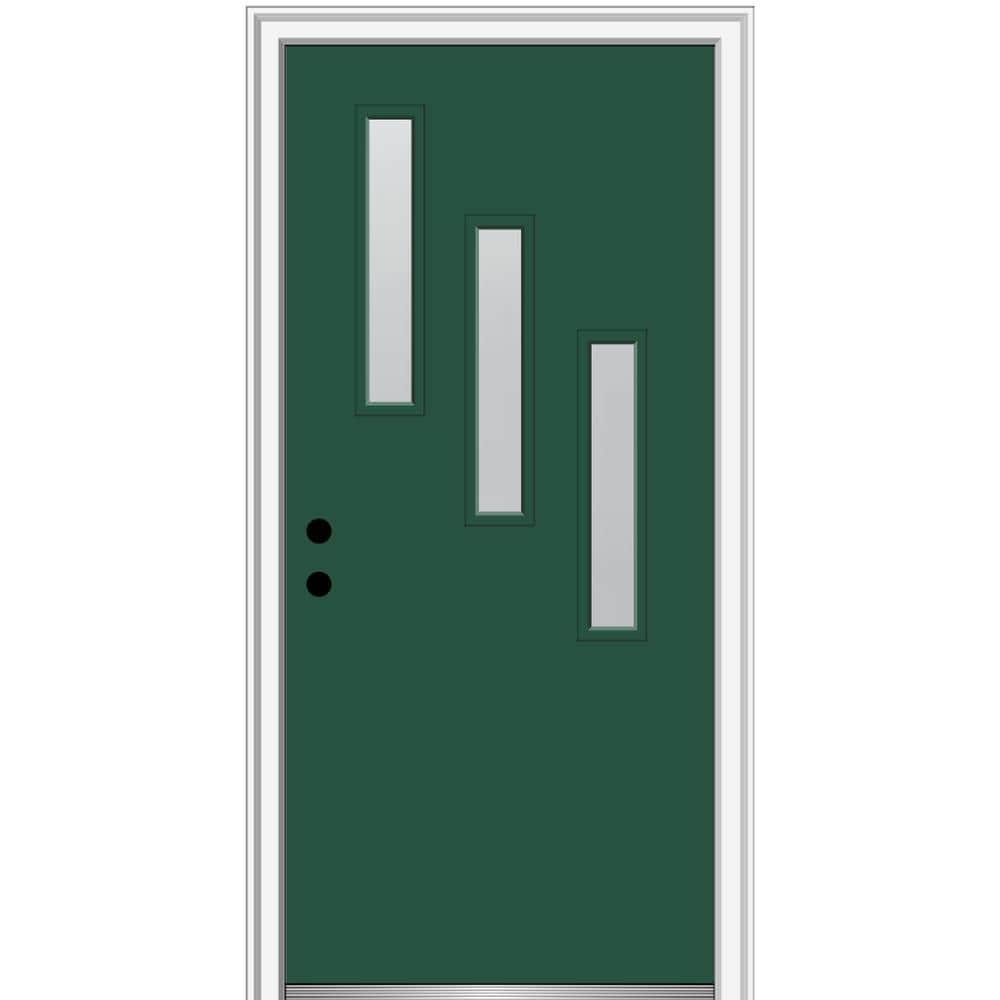 MMI DOOR ZZ350853R Spotlights 32-in x 80-in x 6-9/16-in Fiberglass Pulse lite Right-hand inswing Hunter Green Painted Prehung Front Door with Brickmould Insulating core