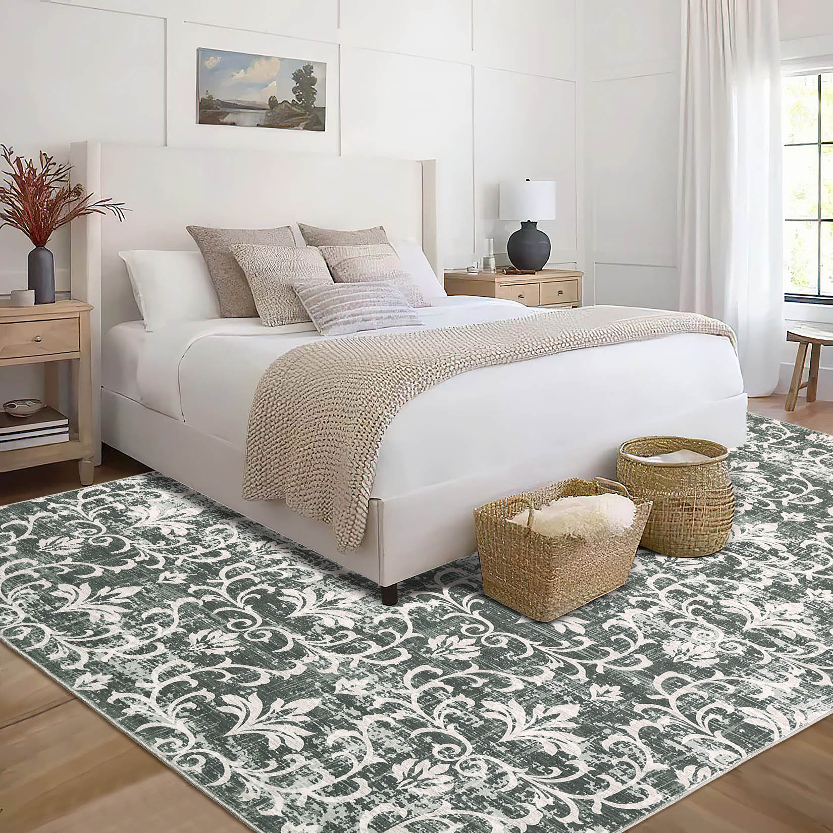 Garvee YXY-LO-PHO-15AYMQRU 9 x 12 (ft) Loomed Polyester Green Rectangular Indoor Damask Mid-Century Modern Machine washable Area rug