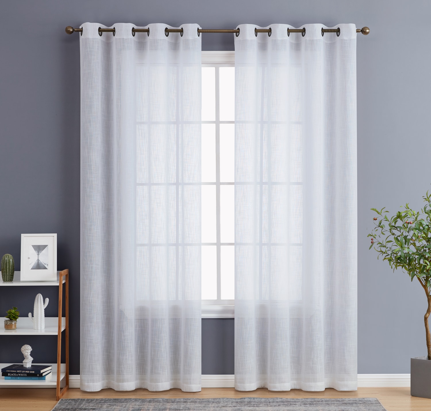 HLC.me  Abbey Faux Linen Textured Semi Sheer Privacy Sun Light Filtering Transparent Window Grommet Long Thick Curtains Drapery Panels for Bedroom and Living Room - 2 Panels (54 W x 108 L - White)