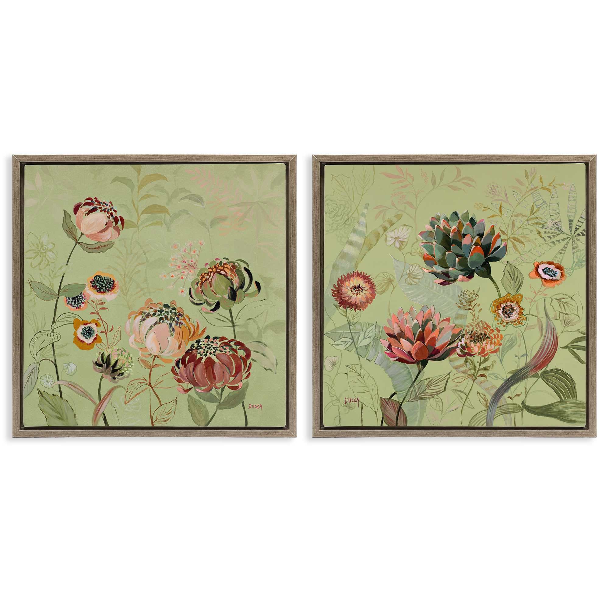 Stupell Industries B2-798-FFE-2PC-24X24 Chrysanthemums on Olive Green 2 Piece Brown Framed Floater Canvas Set By Dusza 25 x 25