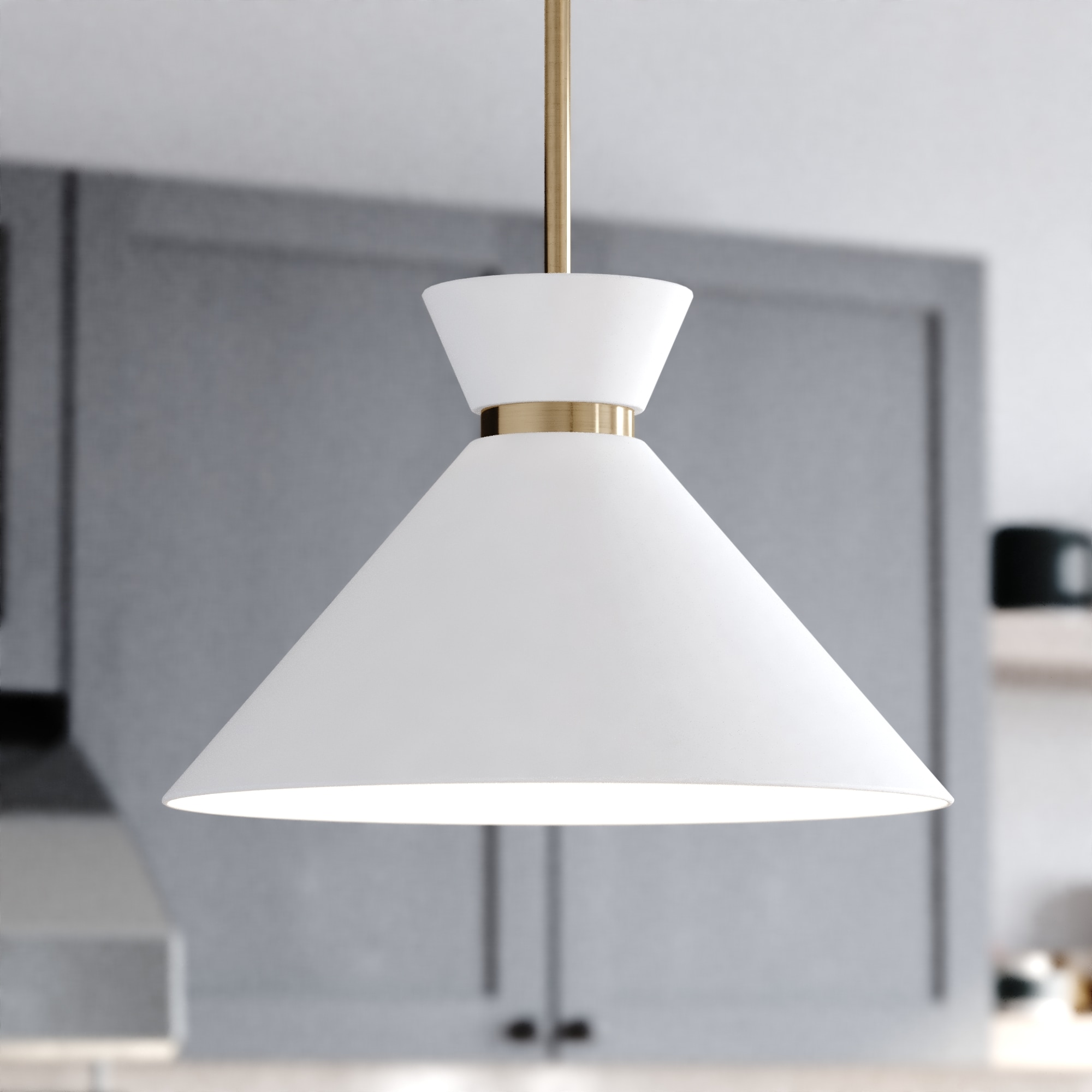 Cascadia P0399 Racine 1 -Light Matte White and Natural Brass Mid-century Cone Medium Hanging Pendant light