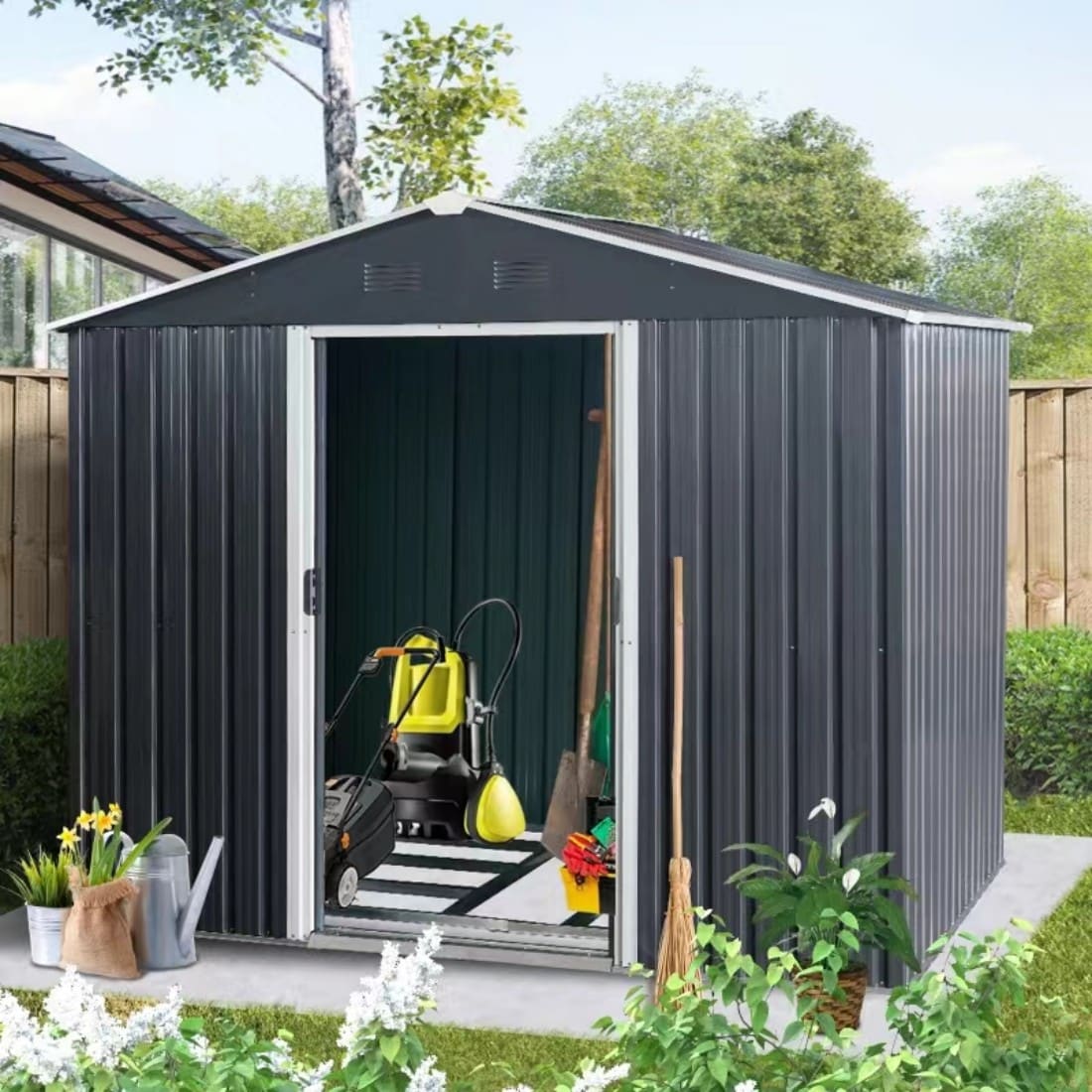 Tatayosi 8ft x 6ft Outdoor Metal Storage Shed with Metal foundation Black