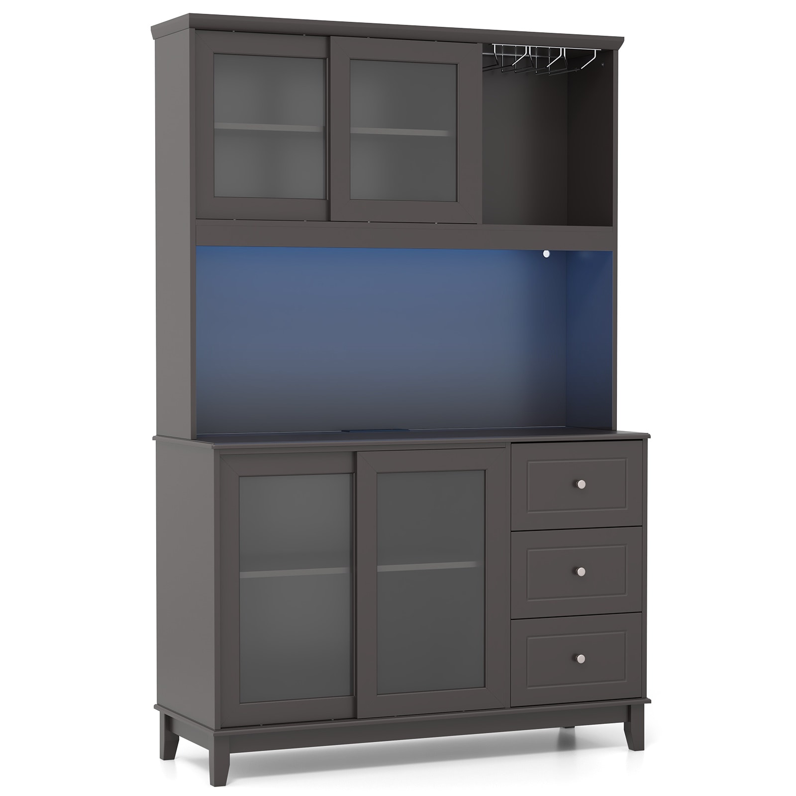 SUGIFT 73-in Kitchen Pantry Storage Cabinet with LED Lights and Power Outlet 47-in Wide Adjustable Shelf Tall Hutch Dark Brown