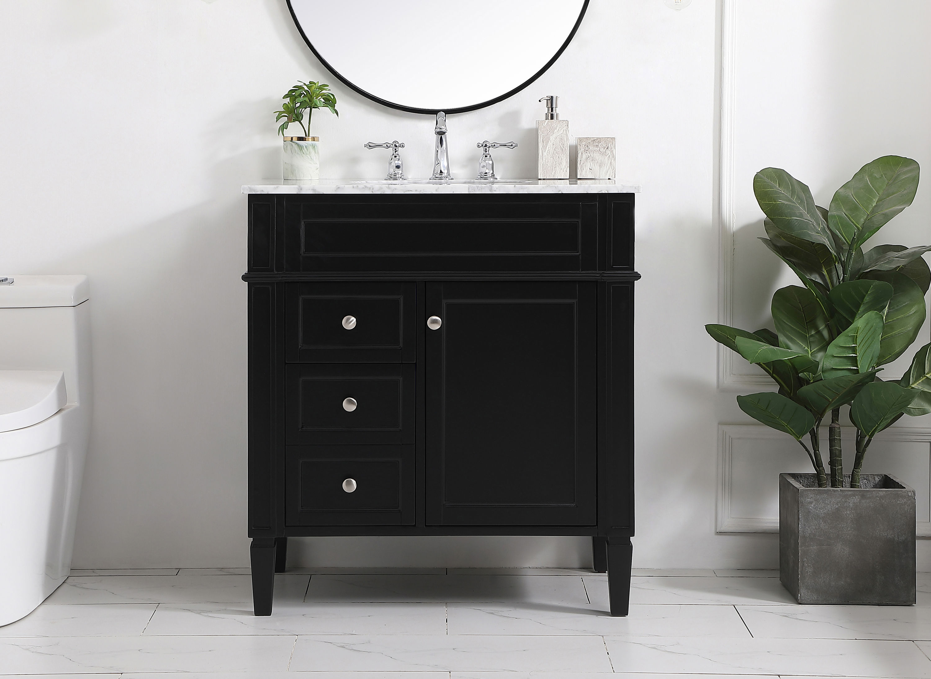 Elegant Decor HF37596BK Home Furnishing 32-in Black Undermount Single sink Bathroom Vanity with Carrara White Marble Top