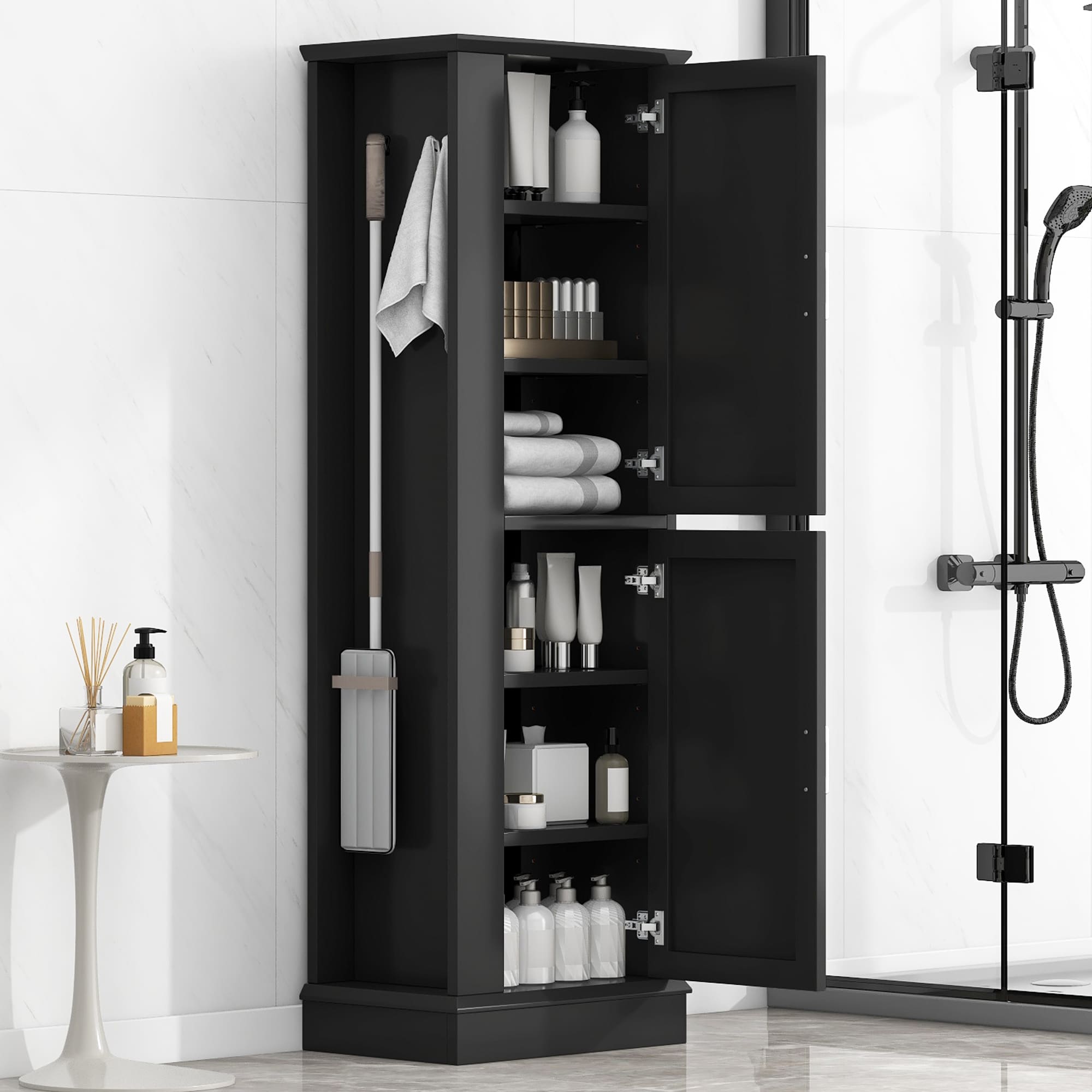 GDFStudio 329787 Tall Bathroom Storage Cabinet Freestanding Storage Cabinet with Hook and Adjustable Shelf MDF Board Black