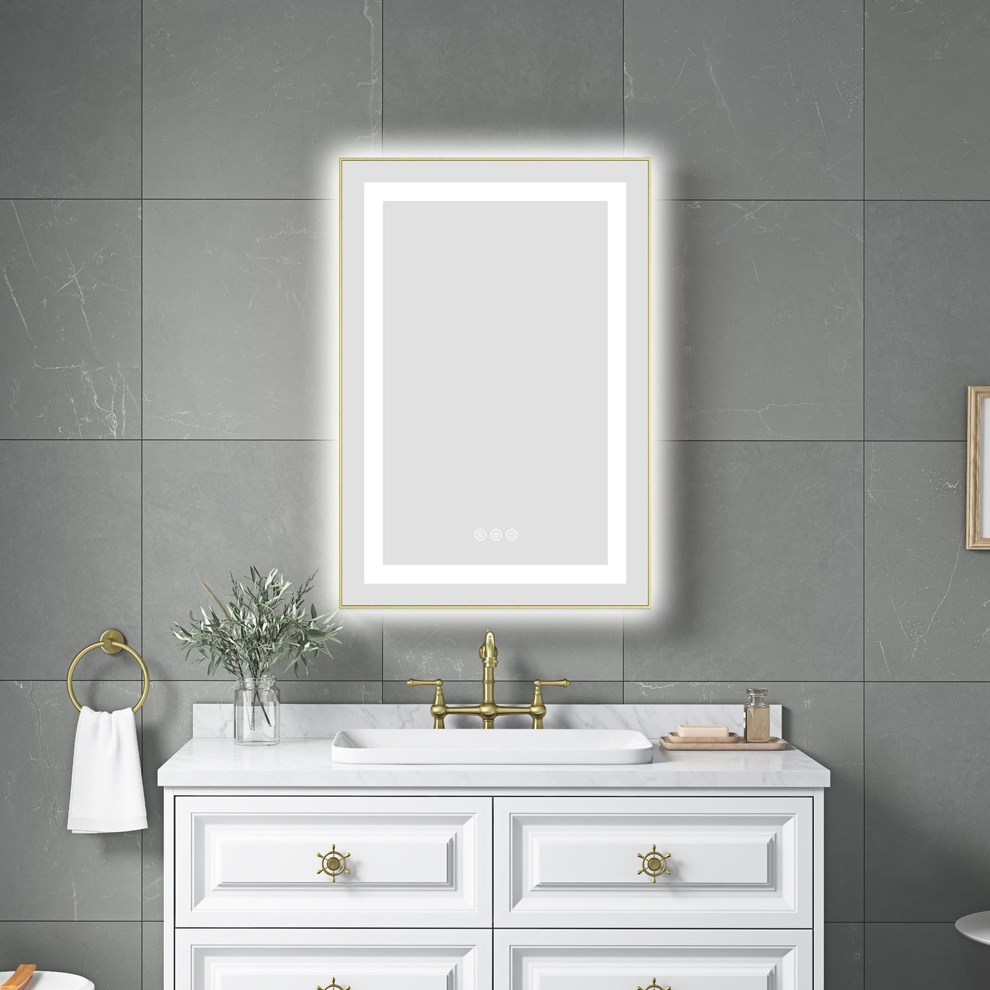 IAK 20 inch x 32 inch Brushed Gold LED Bathroom Mirror with Aluminum Frame and Front and Backlight with Anti-Fog Memory 3 Color Temperatures and Stepless Dimmable