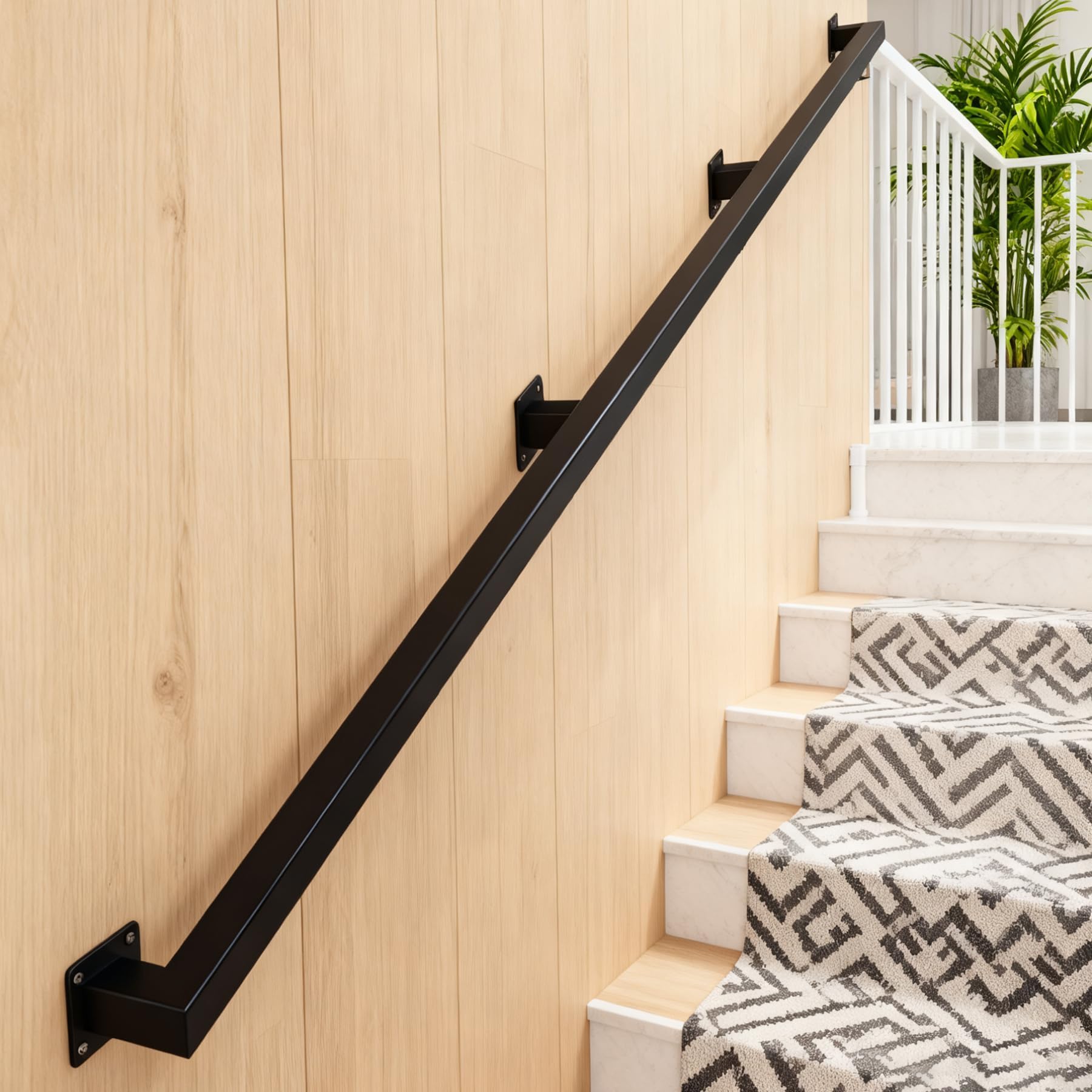 Aoibox - 8 Foot Indoor Stair Railing 3 Piece Metal Handrail Wall Mount Black Square Tube Support...