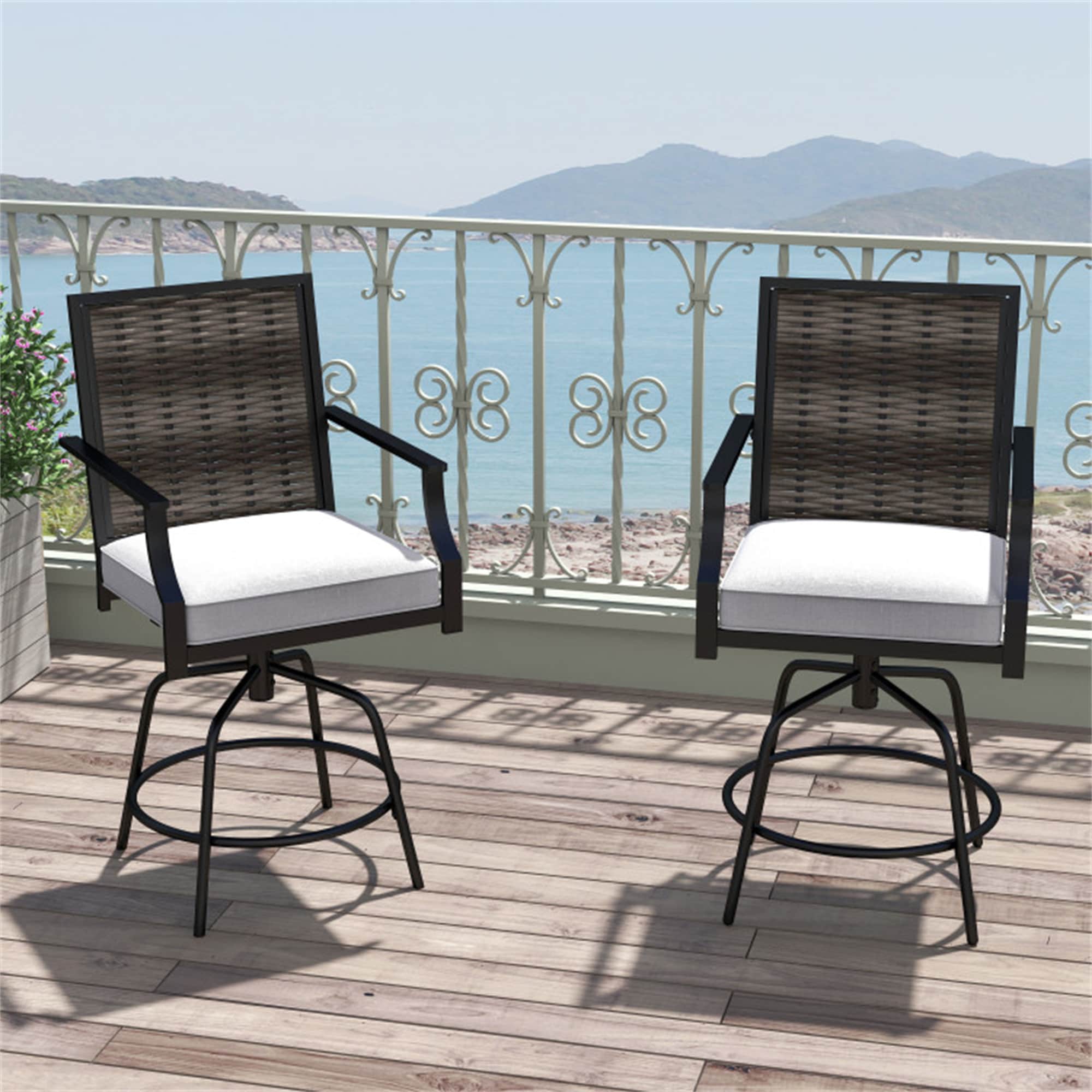 BABOOM BOM-3936WH-CO Outdoor PE Wicker Swivel Bar Stools Set of 2 Set of 2 Rattan Black Metal Frame Swivel Bar Stool Chair with Gray Polyester Cushioned Seat