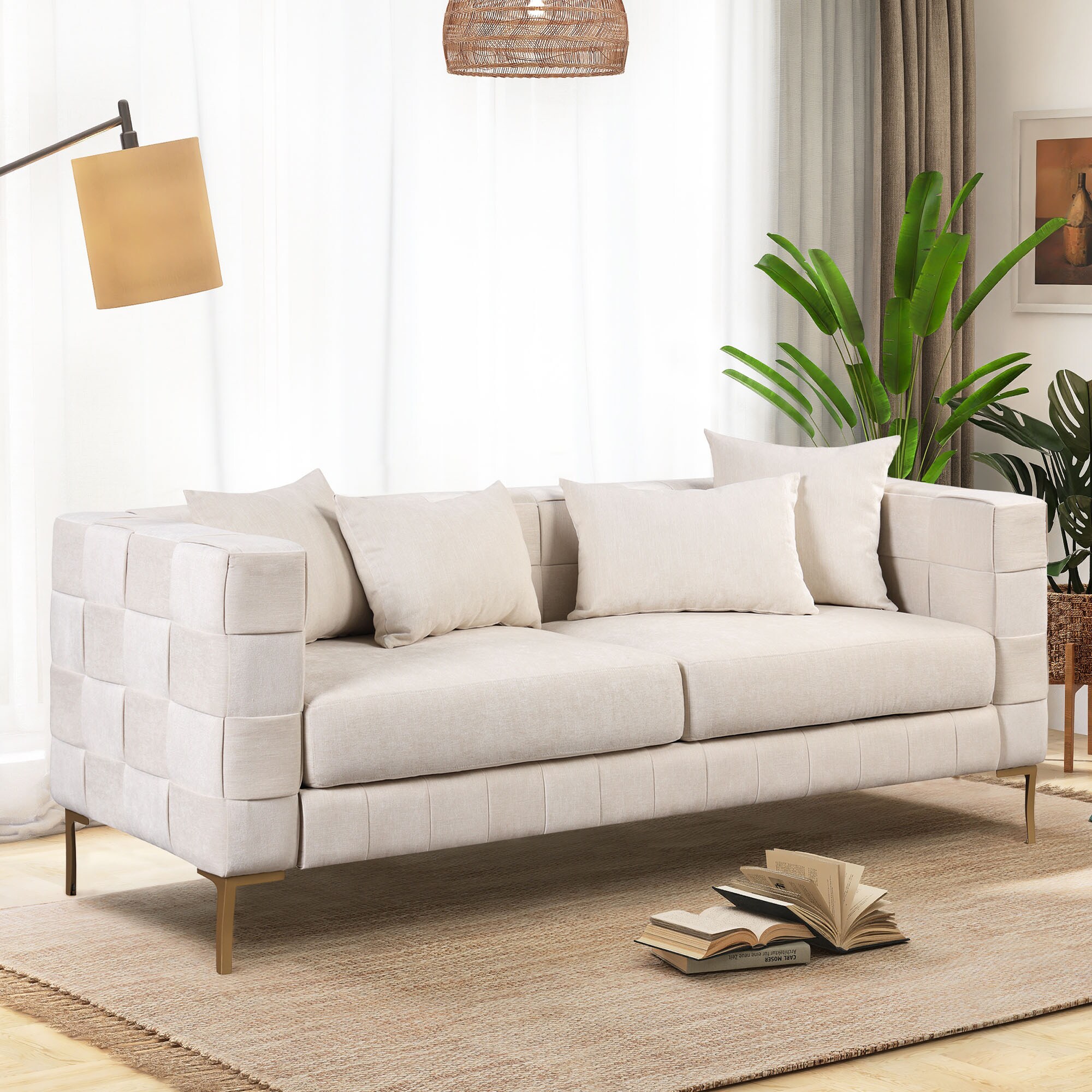 Clihome Upholstered Sofa with 4 Pillows 80.5-in Modern Beige Chenille 2 ...