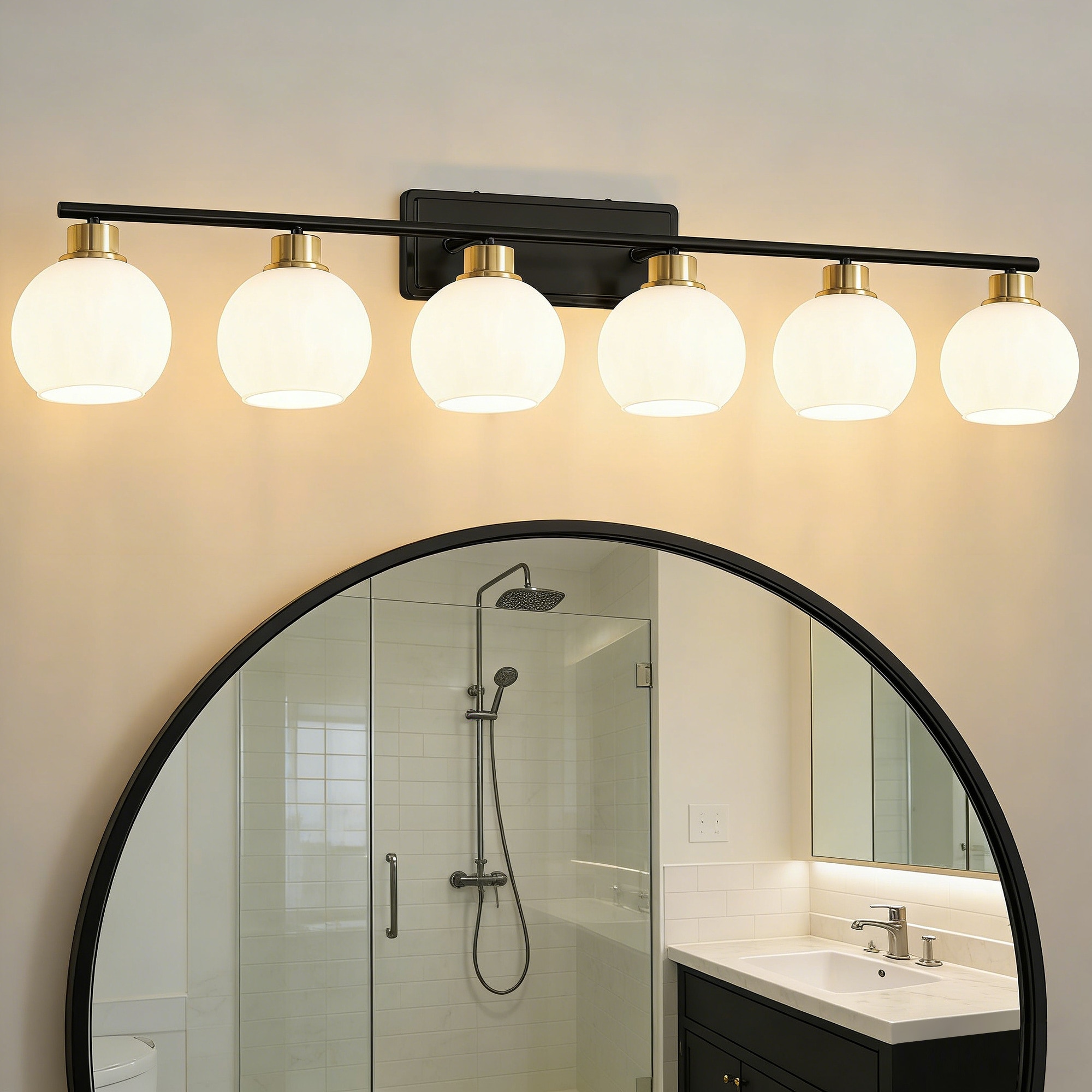 Lanmate  6 Light Black Gold Dimmable Bathroom Vanity Light with Milky White Frosted Glass Shades Transitional Modern Wall Sconce 45.27-in