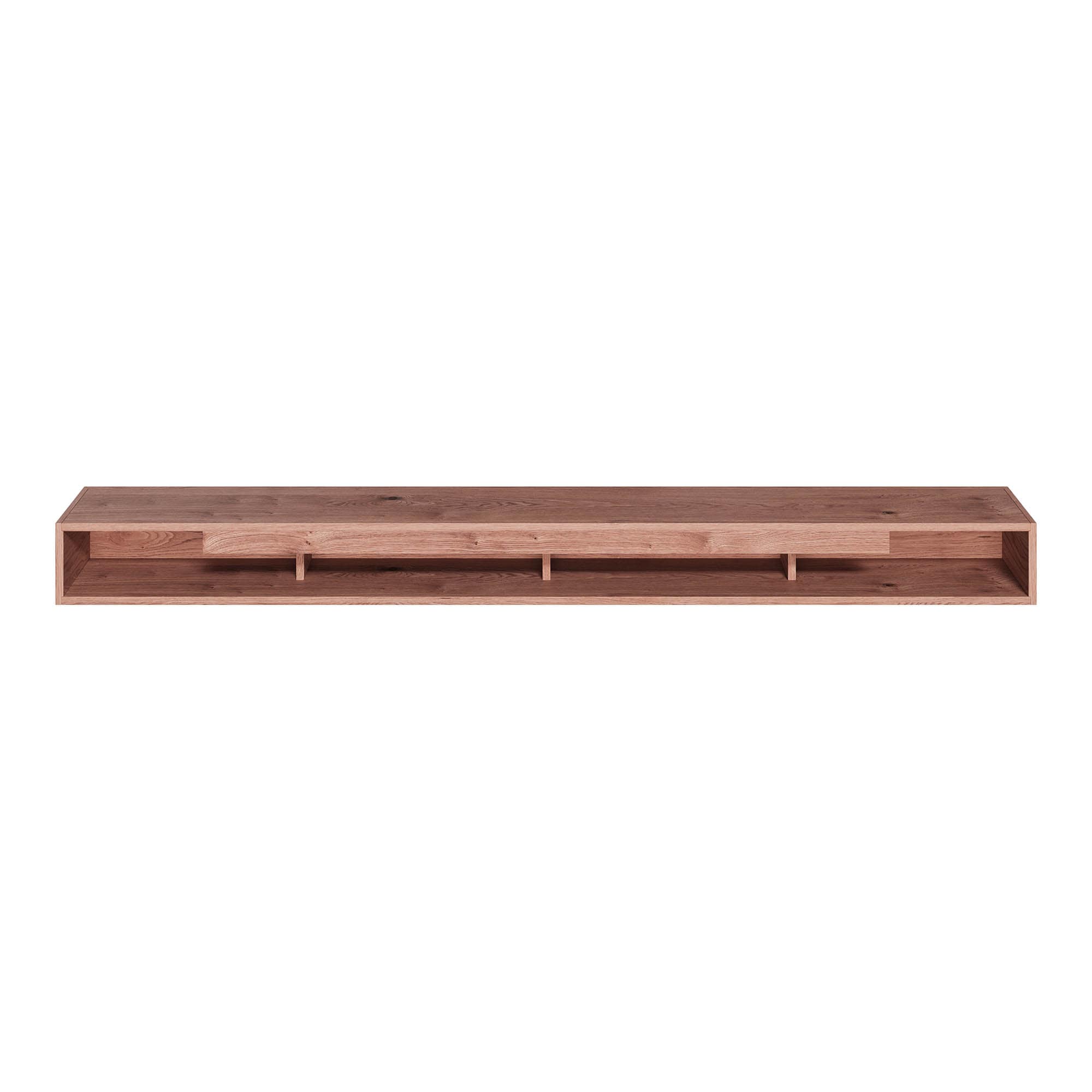 Open cavity storage with dividers inside a wooden box