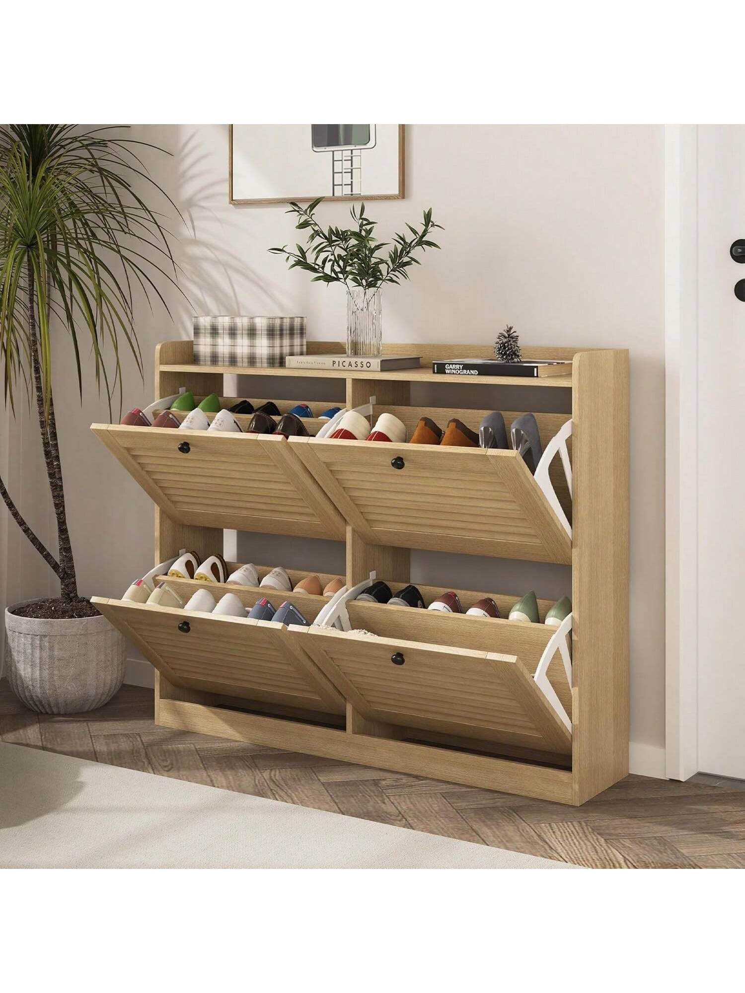 Garvee Large Shoe Storage Cabinet With 4 Flip Drawers Narrow Shoe Cabinet For Entryway With Wooden Legs Freestanding Hidden Shoe Rack Organizer For Hallway Bedroom Living Room