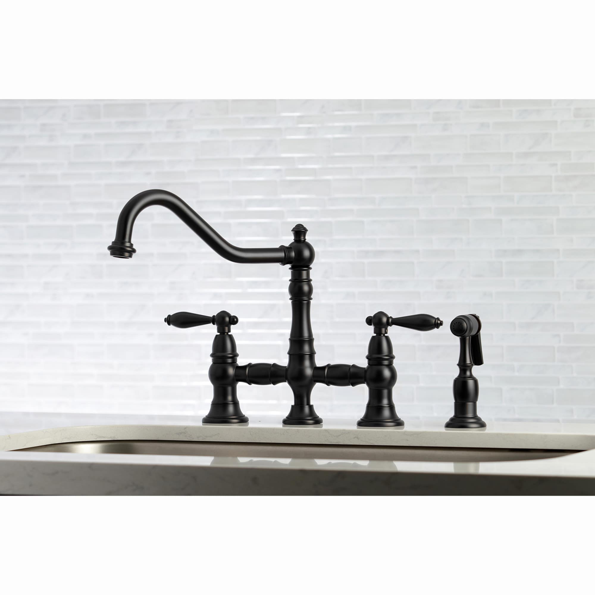 Kingston Brass WLKS3270ALBS Restoration Matte black Double Handle Deck-mount Bridge Kitchen Faucet with Sprayer ( Side Sprayer Included )