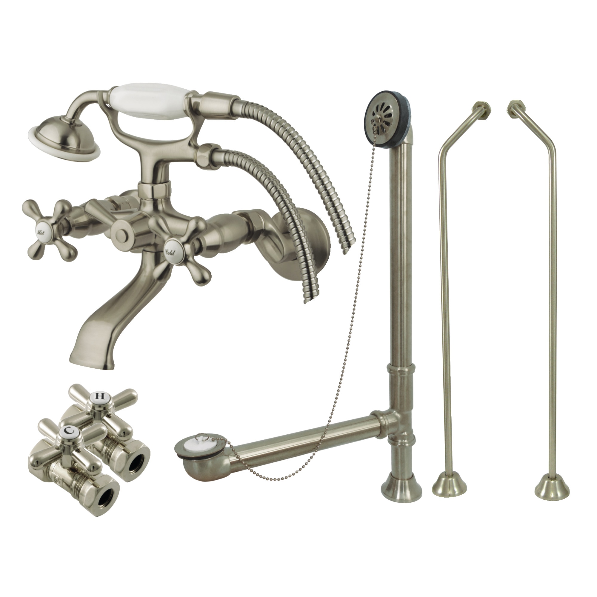 Kingston Brass WLCCK265SND Vintage Brushed nickel 2-handle Wall-mount Low-arc Bathtub Faucet with Hand Shower ( Valve Included )