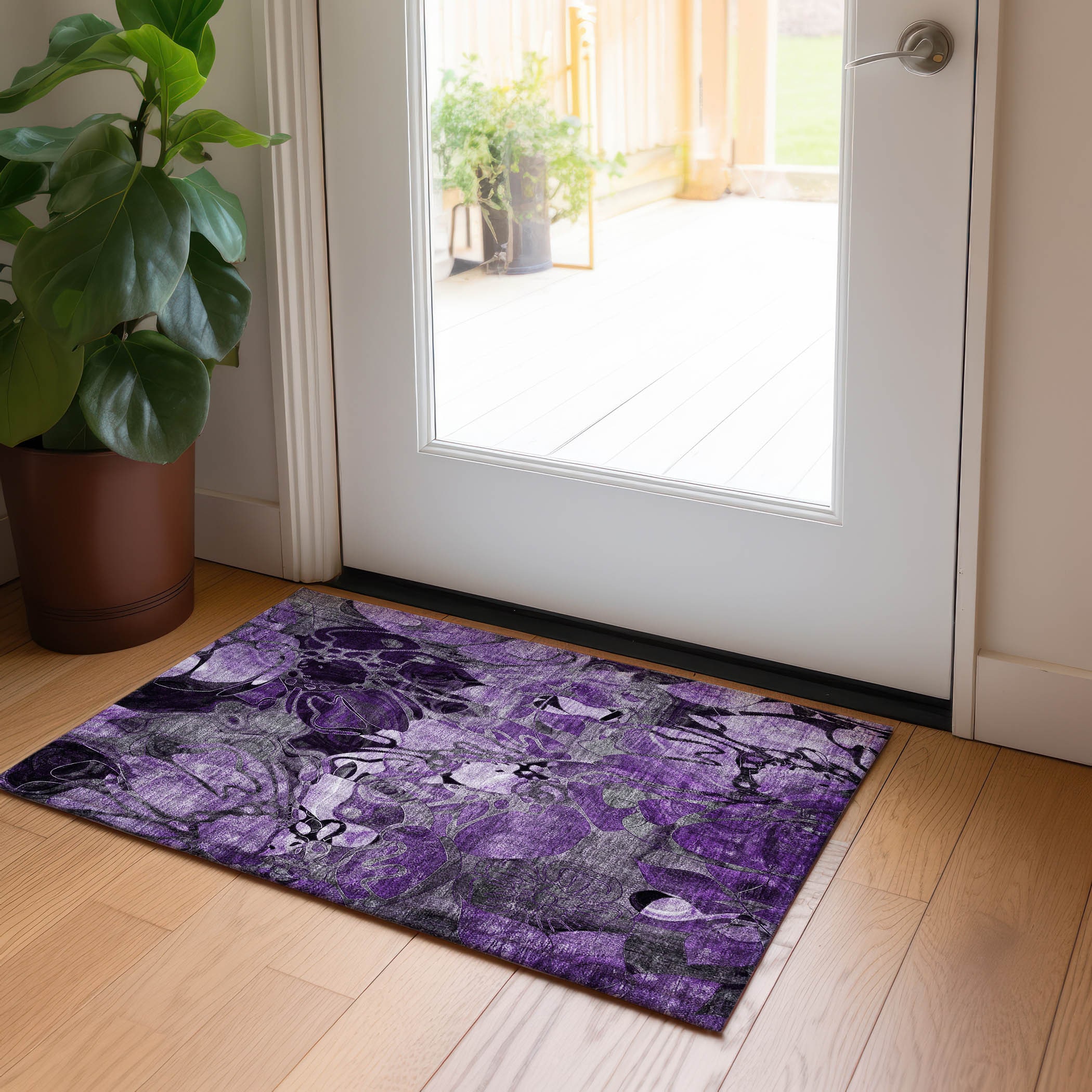 Purple Floral Synthetic Washable Rectangular Rug