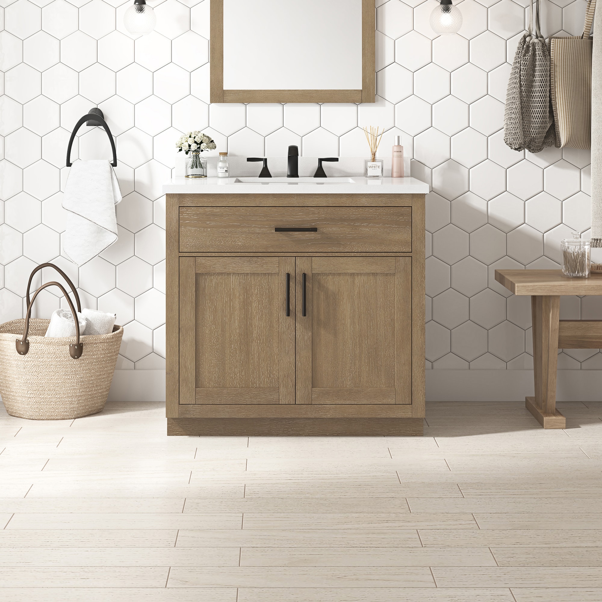 OVE Decors 15VVA-BAIL36-C28 Bailey 36-in Driftwood oak Undermount Single sink Bathroom Vanity with White Quartz Top