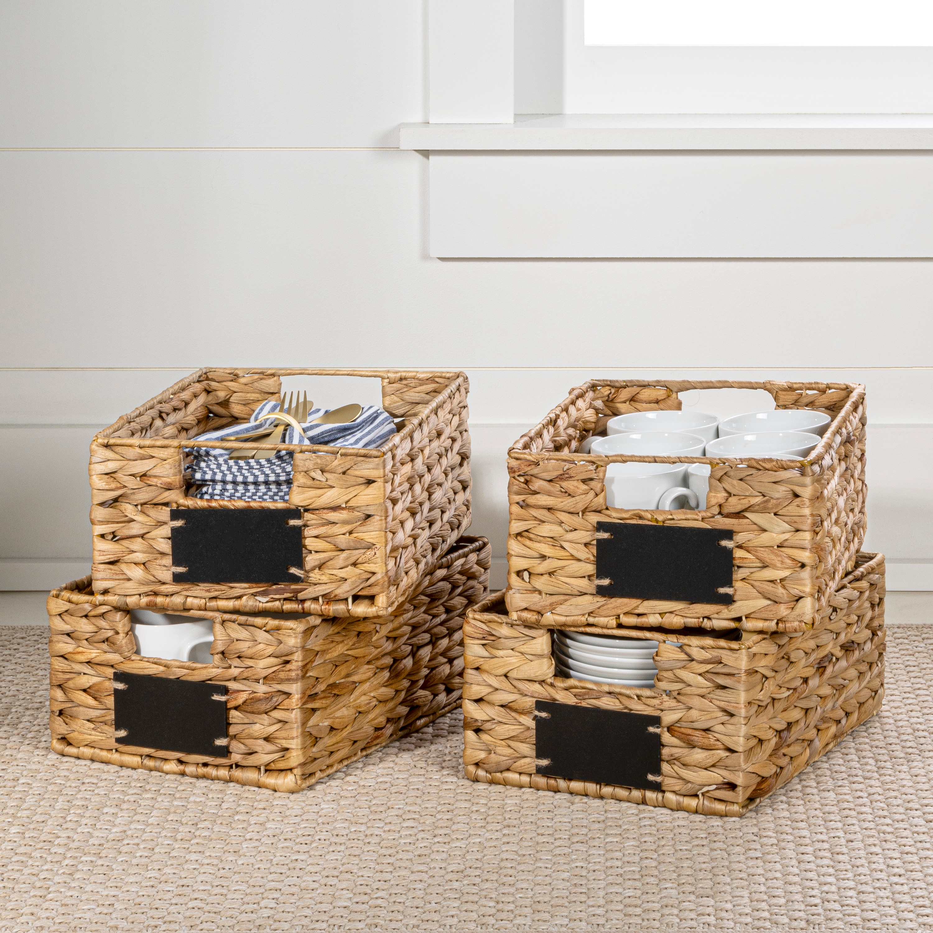 happimess BSK2008A-SET4 4 -Pack Lane Classic Handwoven with Chalkboard Labels ( 12.01-in W x 5.12-in H x 9.06-in D ) Natural Water hyacinth Stackable Basket