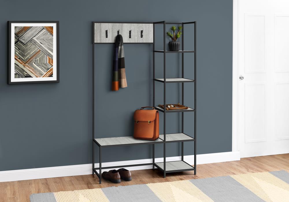 Monarch Specialties 72 In. H 8 With Tree Metal Bench and Hall department Shelves in Wood-Look 5 Hall the Grey - Trees Hooks at - Black