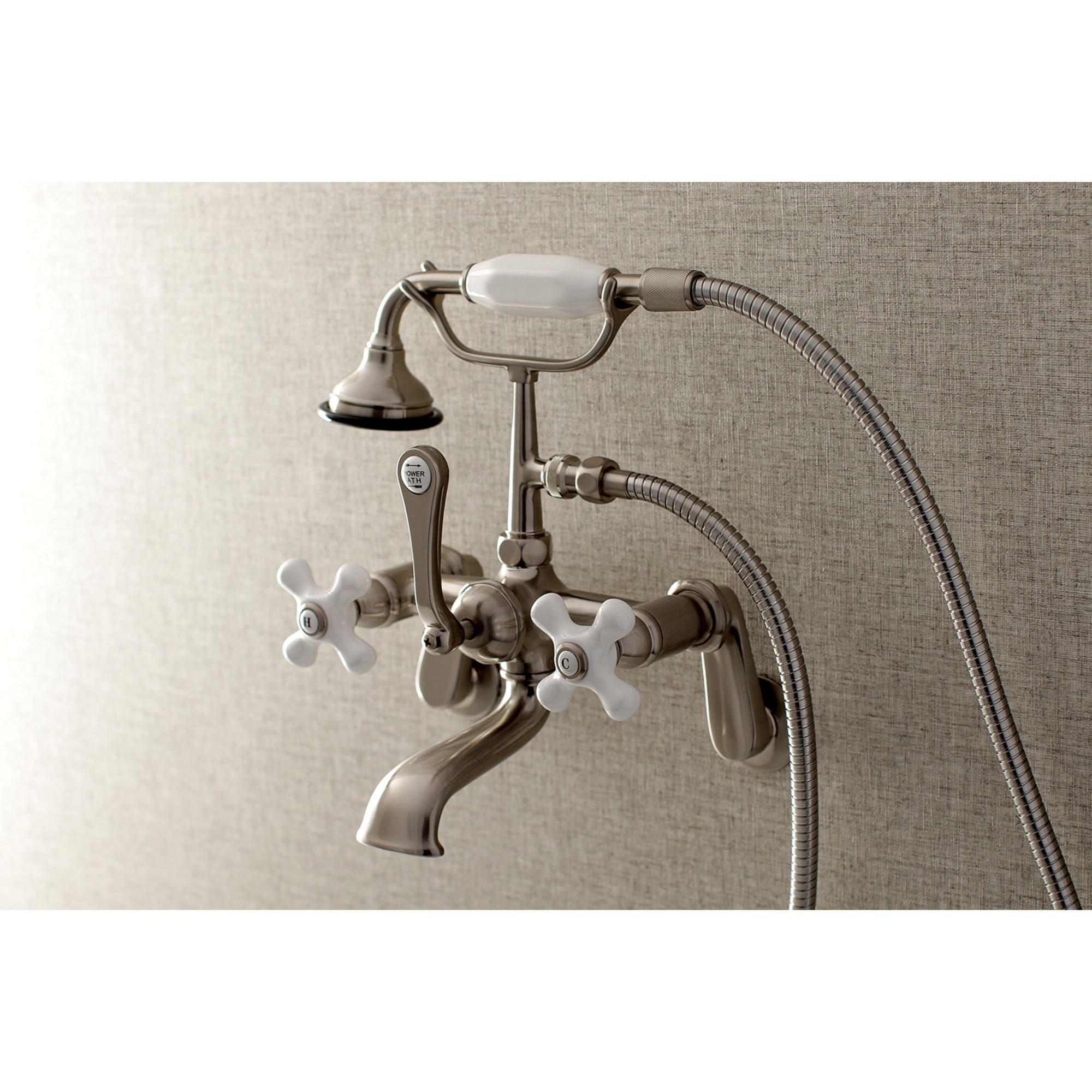 Kingston Brass WLAE59T8 Aqua Vintage Brushed nickel 3-handle Wall-mount Low-arc Bathtub Faucet with Hand Shower ( Valve Included )
