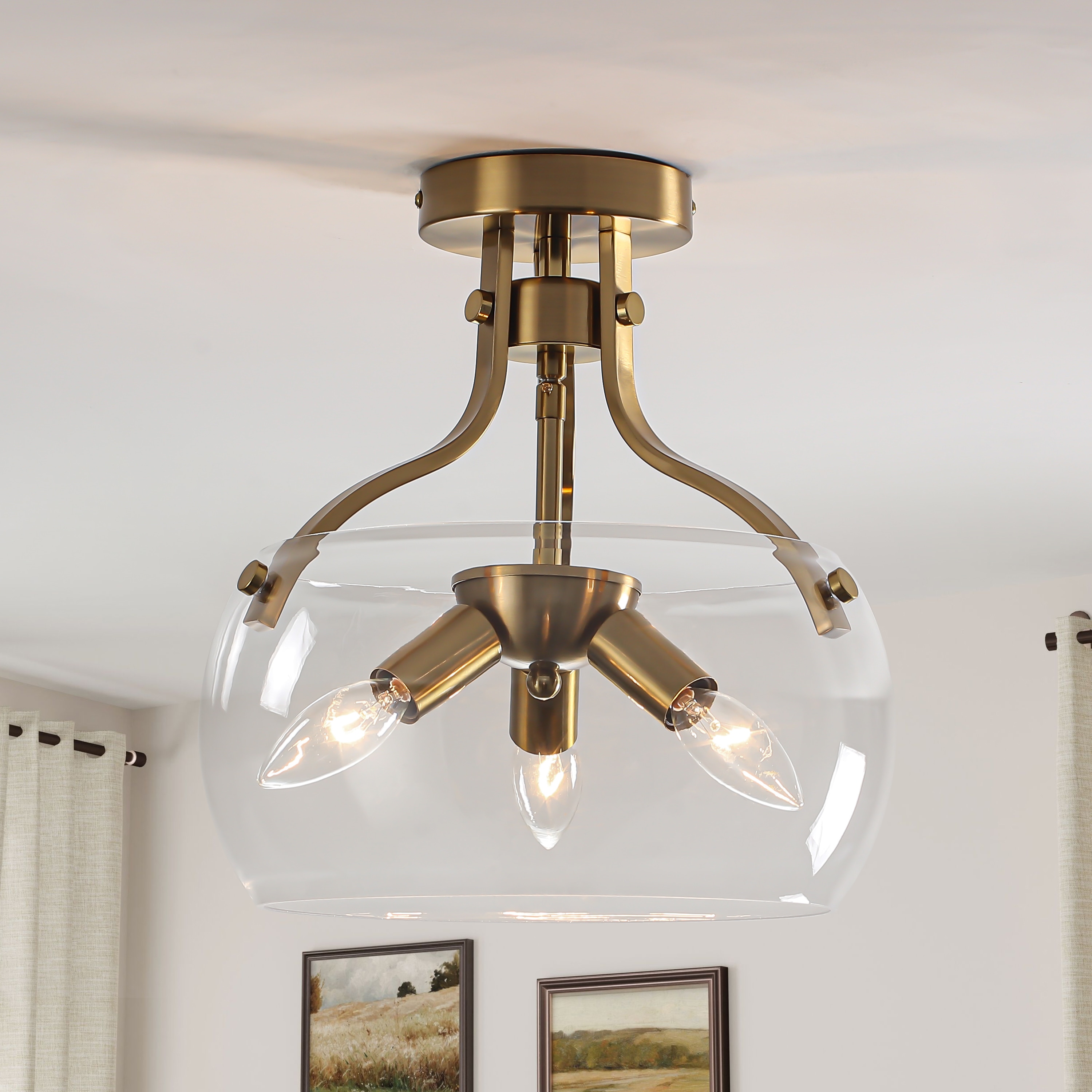 GZJunYo 11.81-in Gold Indoor 3 -Light Semi-flush Mount Light with Clear Glass