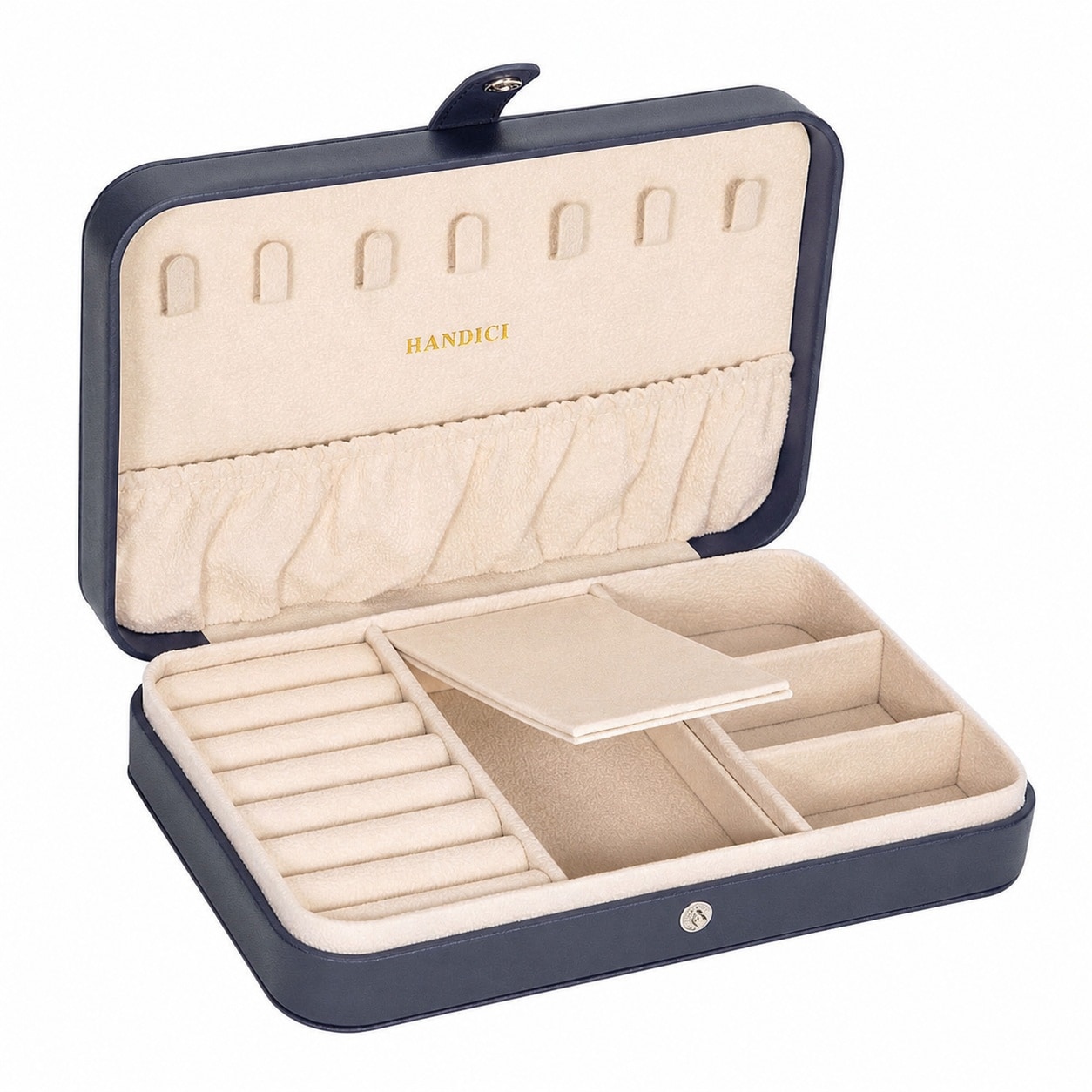 Etokfoks  Small Dark Blue PU Leather Portable Jewelry Organizer Case for Rings Earrings Necklaces Brooches Storage Holder