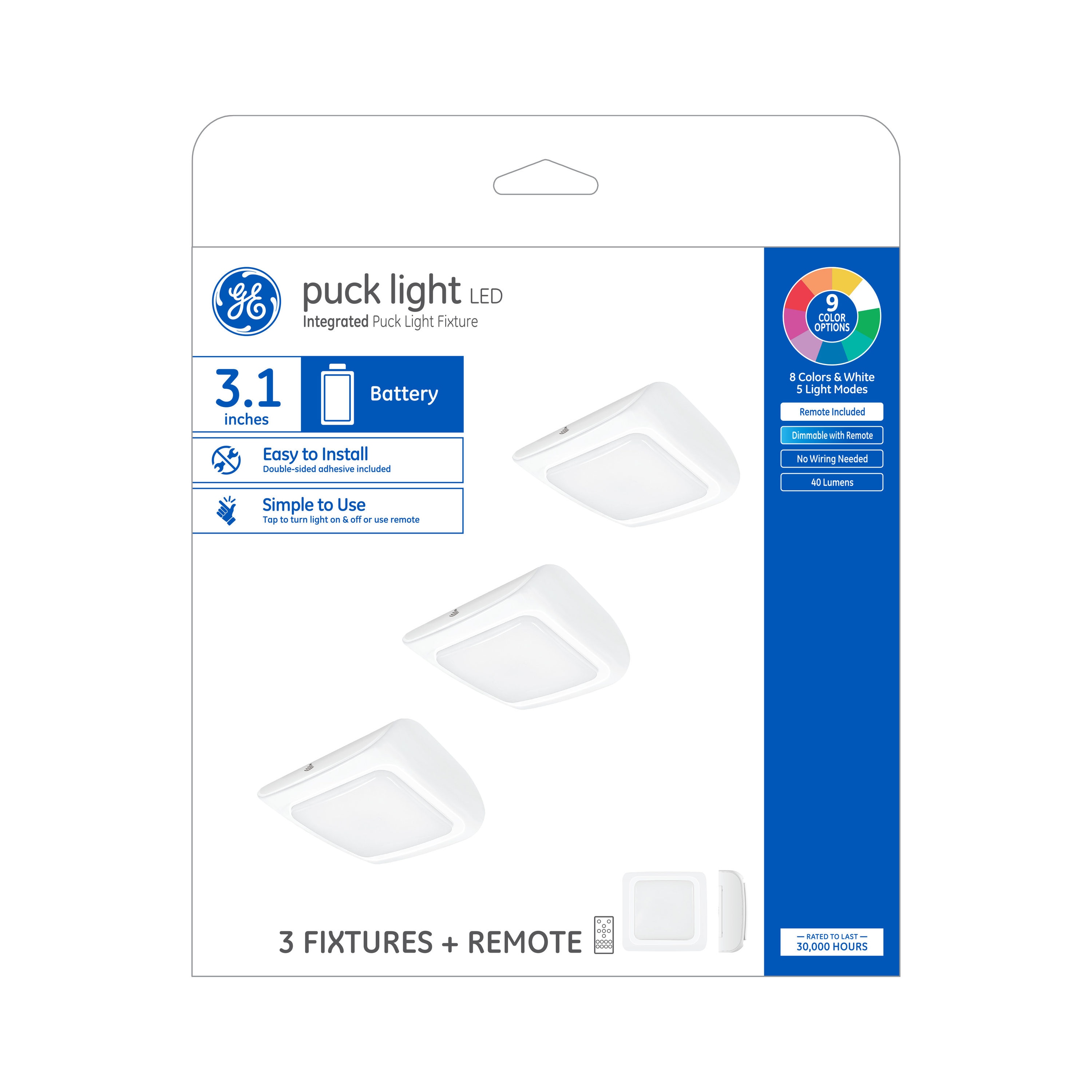 GE 93129152 Puck 3.0 -Pack 3.1-in Rechargeable Battery LED Under Cabinet Light Bar with Remote