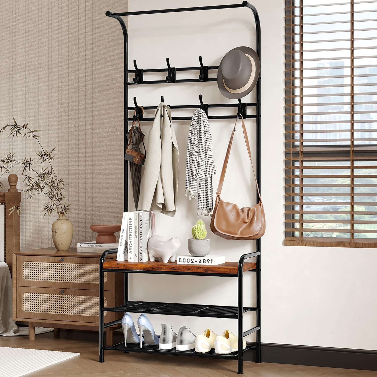 WhizMax PHO-0ZVB0BXU-KLN 70.9 Inch Tall Narrow Metal Coat Rack Wooden Shoe Bench 4 in 1 Rustic Brown Storage Shelf with 8 Hooks