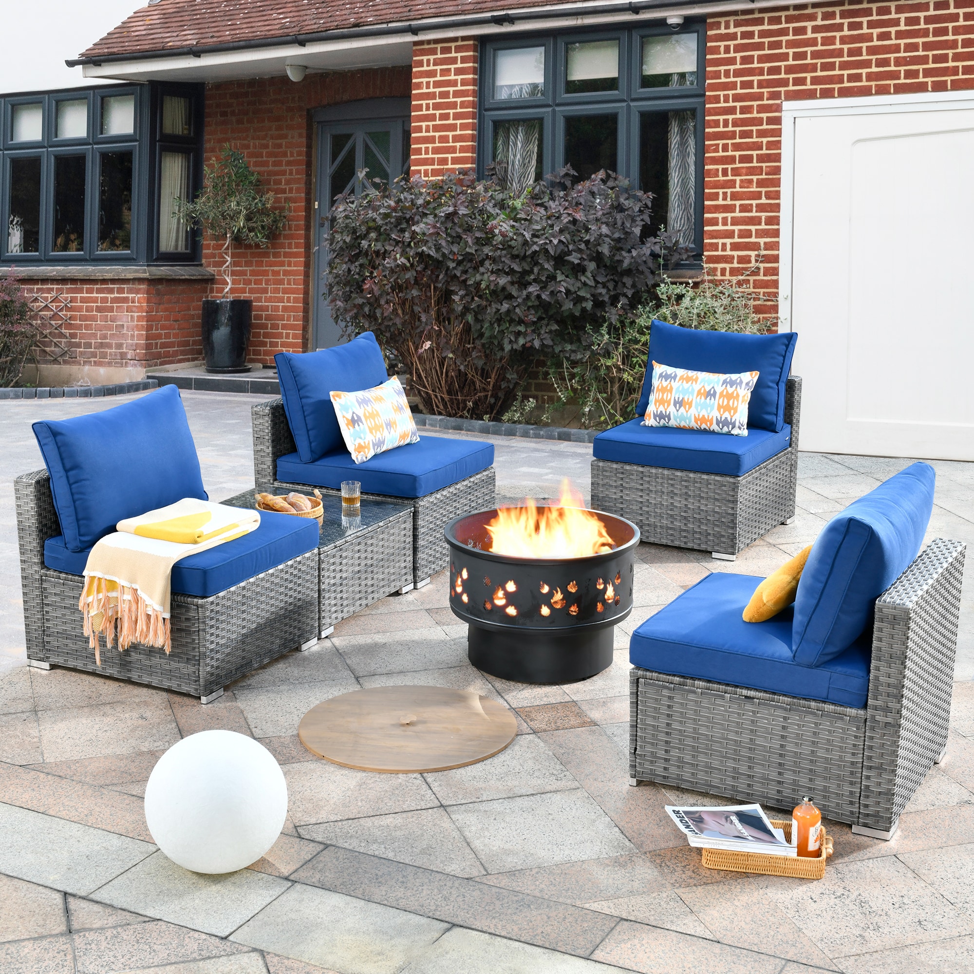XIZZI XIHOPS7053B-YMFP Libra 6 -Piece Rattan Patio Sofa Conversation Set with Blue Cushions