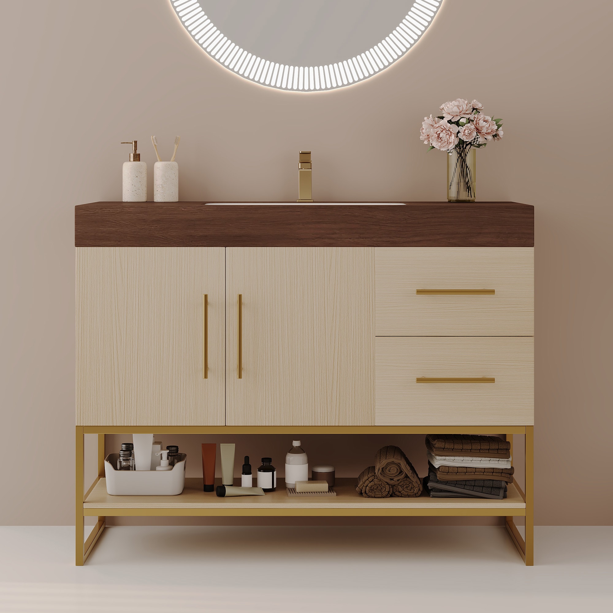 Wooakway 36 Inch Modern Bathroom Vanity with Seamless Ceramic Sink and Gold Accent Free Standing Cabinet