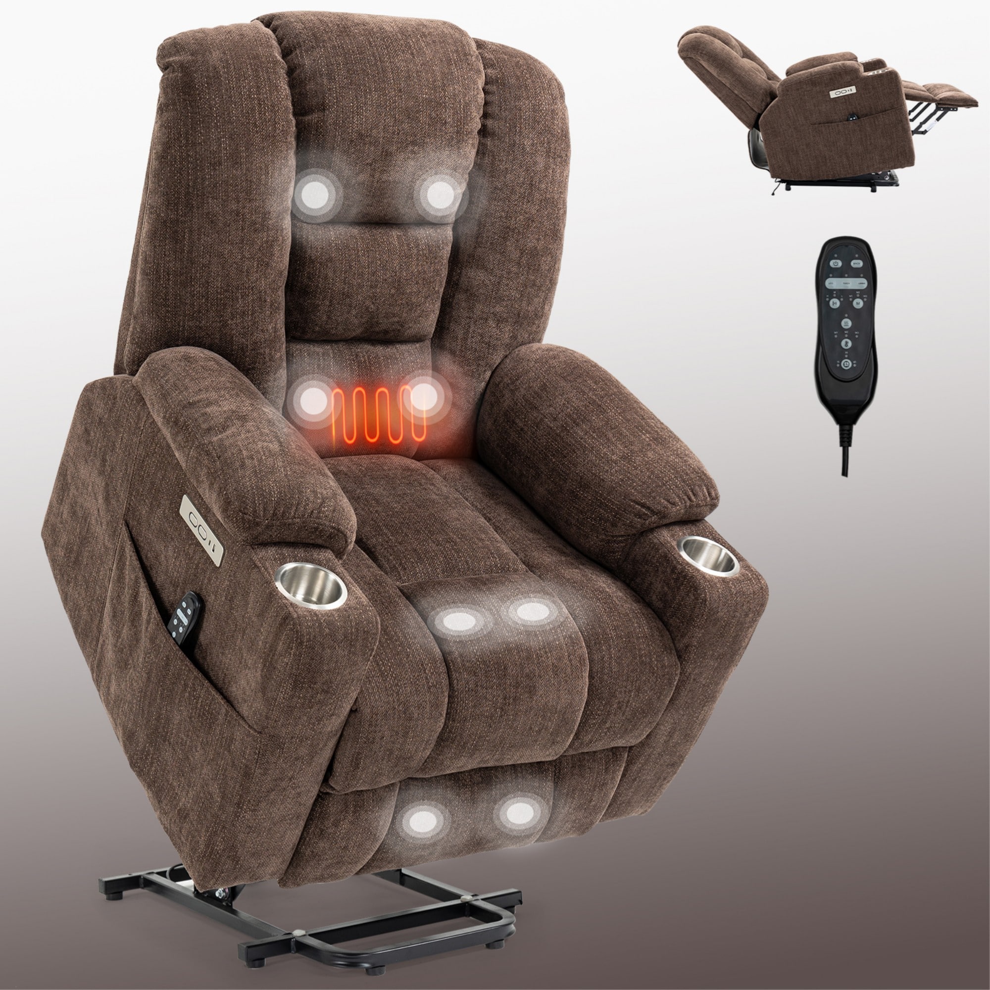 Clihome CL-CO00002 Brown Chenille Upholstered Powered Reclining Massage chair with Lift Assistance
