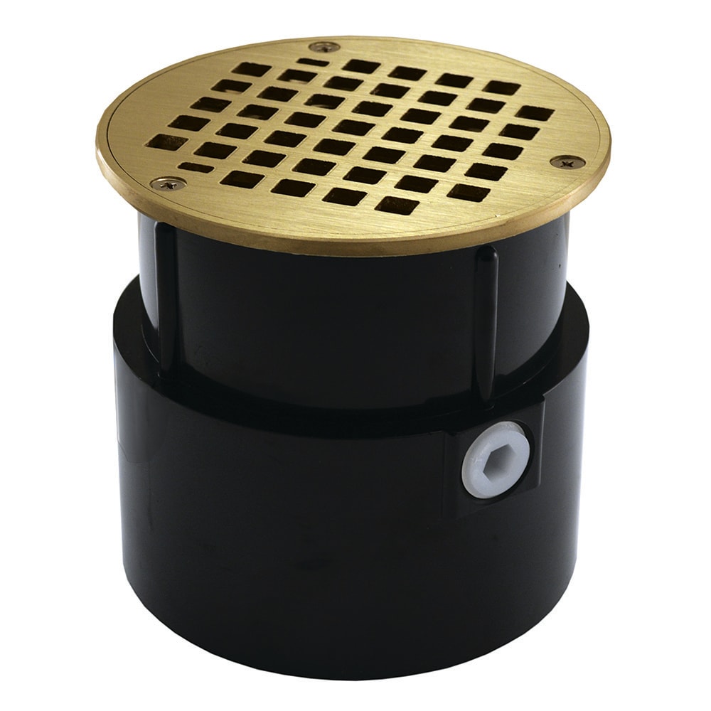 Jones Stephens D53057 4-in Abs Over Pipe Fit Floor Drain Base with 3-1/2-in Metal Spud and 8-in Polished Brass Round Strainer