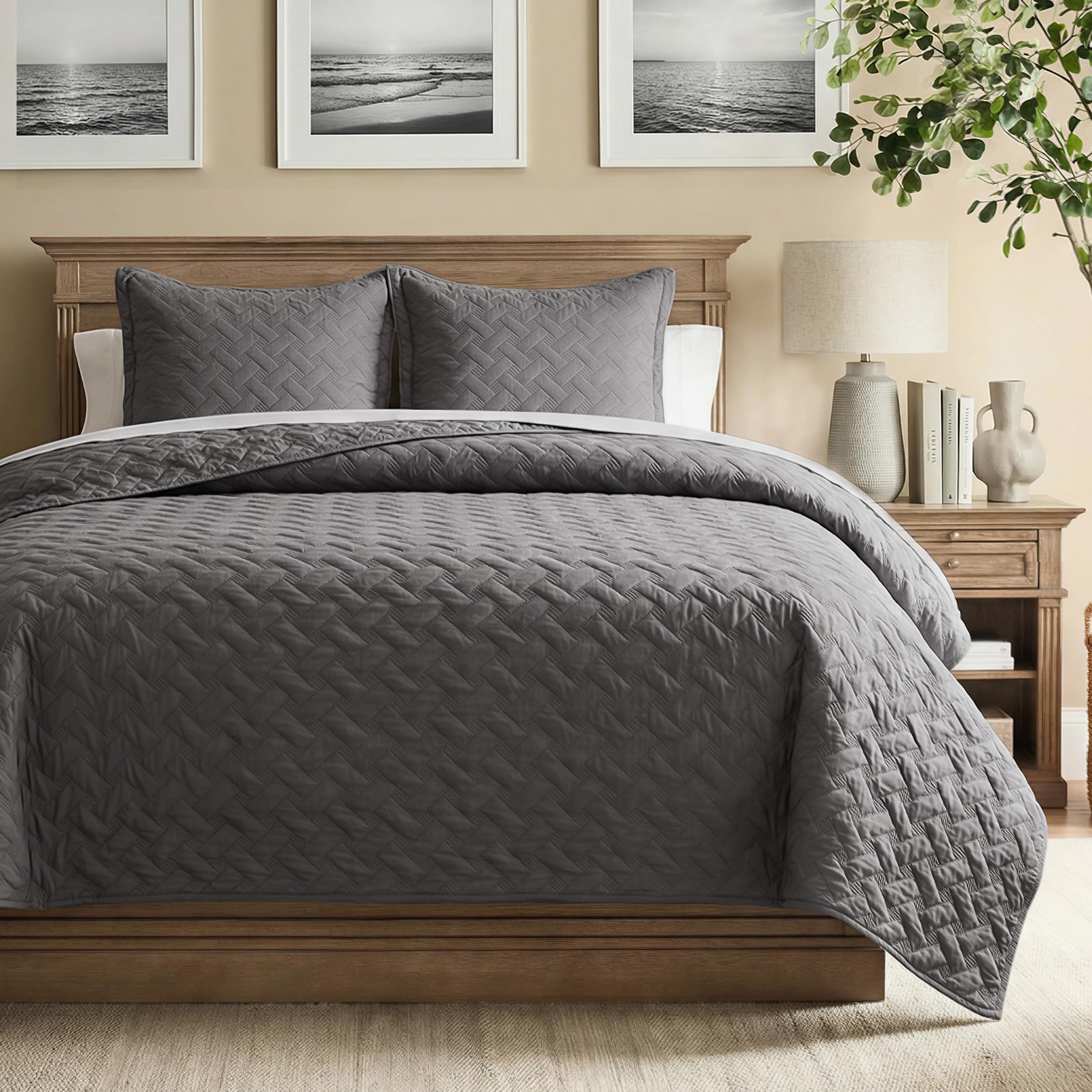 Bedsure Quilts King Size Grey Bedspreads King Size with Basket Weave Pattern Soft Quilt Bedding Set Lightweight Comforter Set Coverlet for All Seasons with 2 Pillow Shams 106 x 96