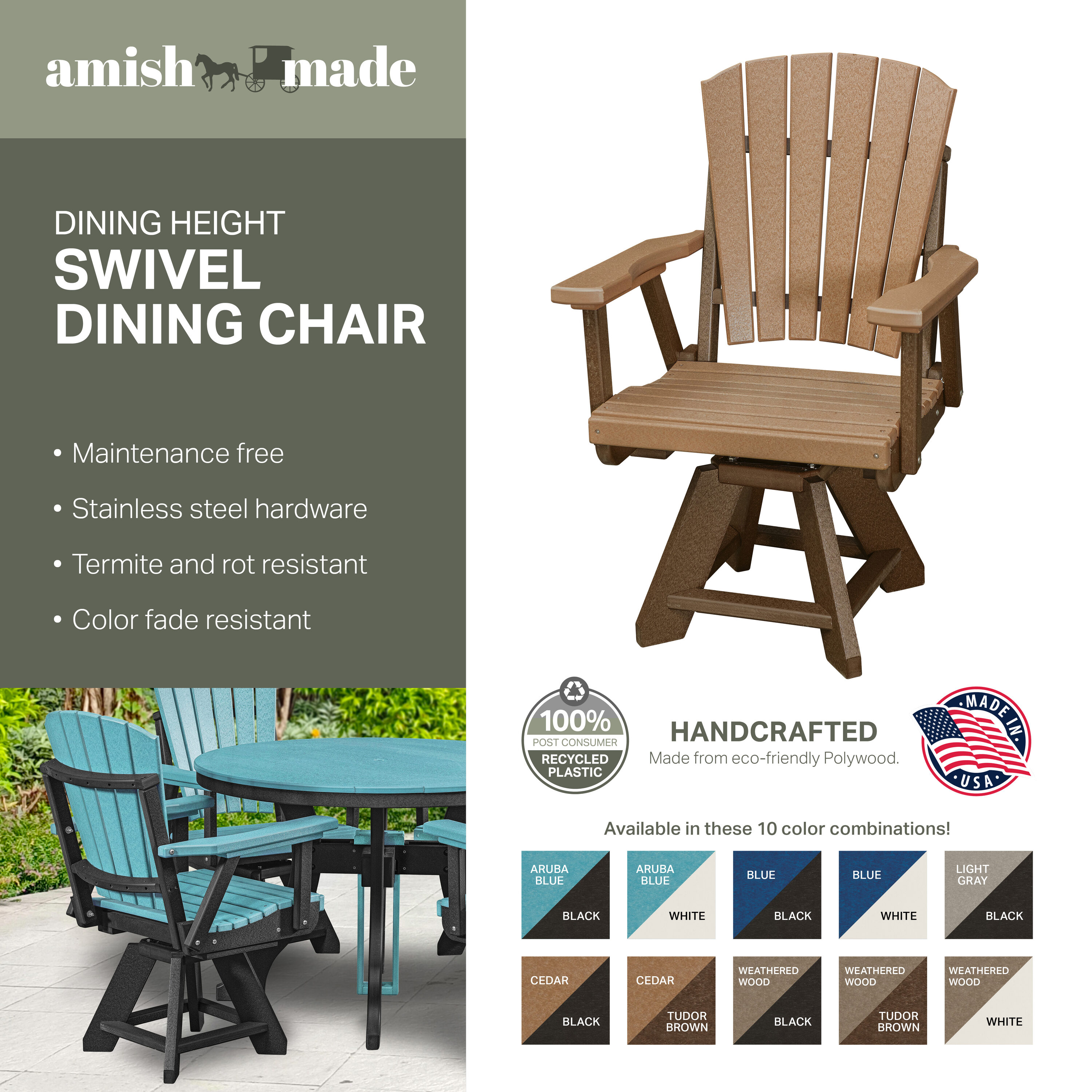 American Furniture Classics 130-D-BW Adirondack white HDPE Frame Swivel Dining Chair with Slat Seat