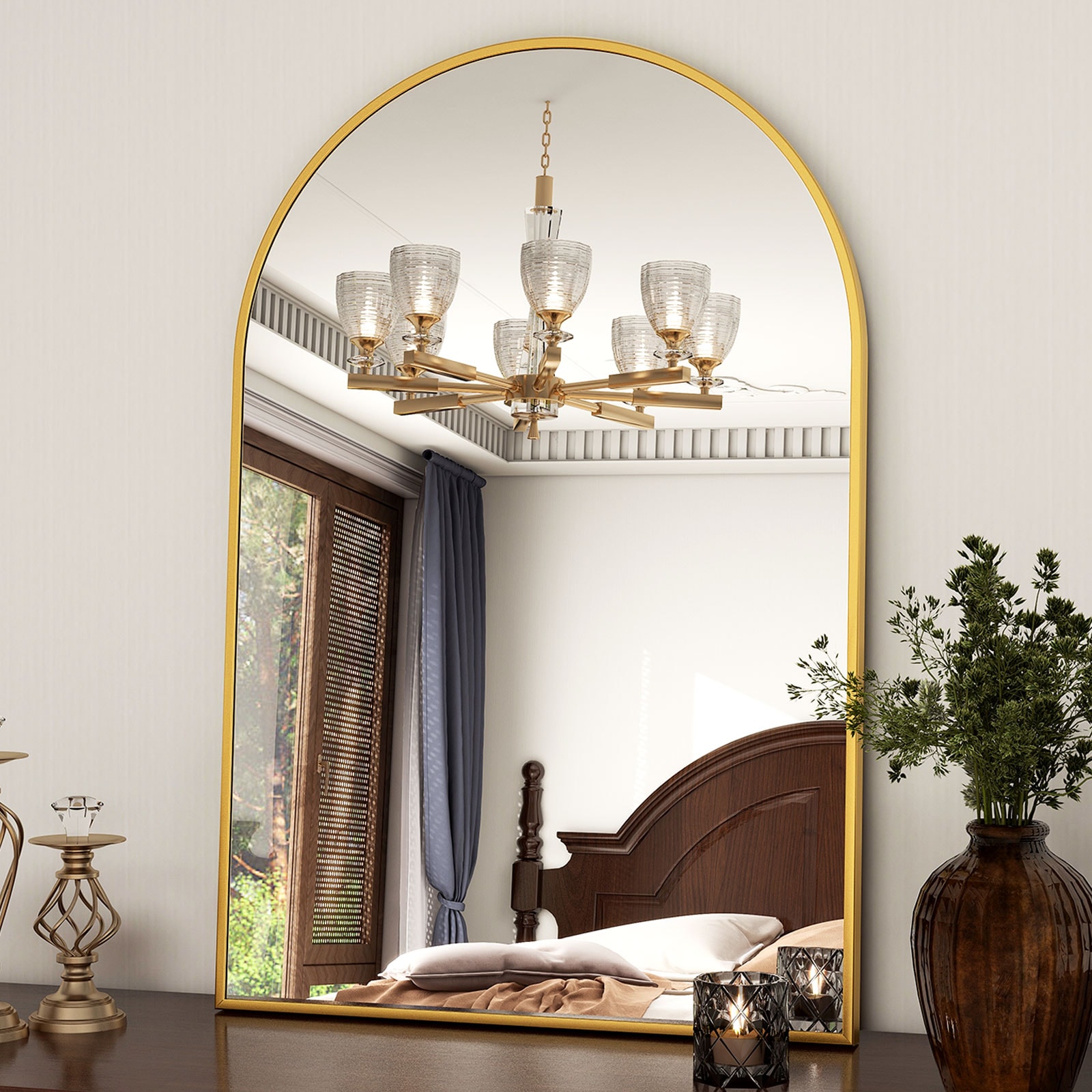 BEAUTYPEAK YH2436G 24-Inches W x 36.0-Inches H Arch Gold Framed Wall Mirror