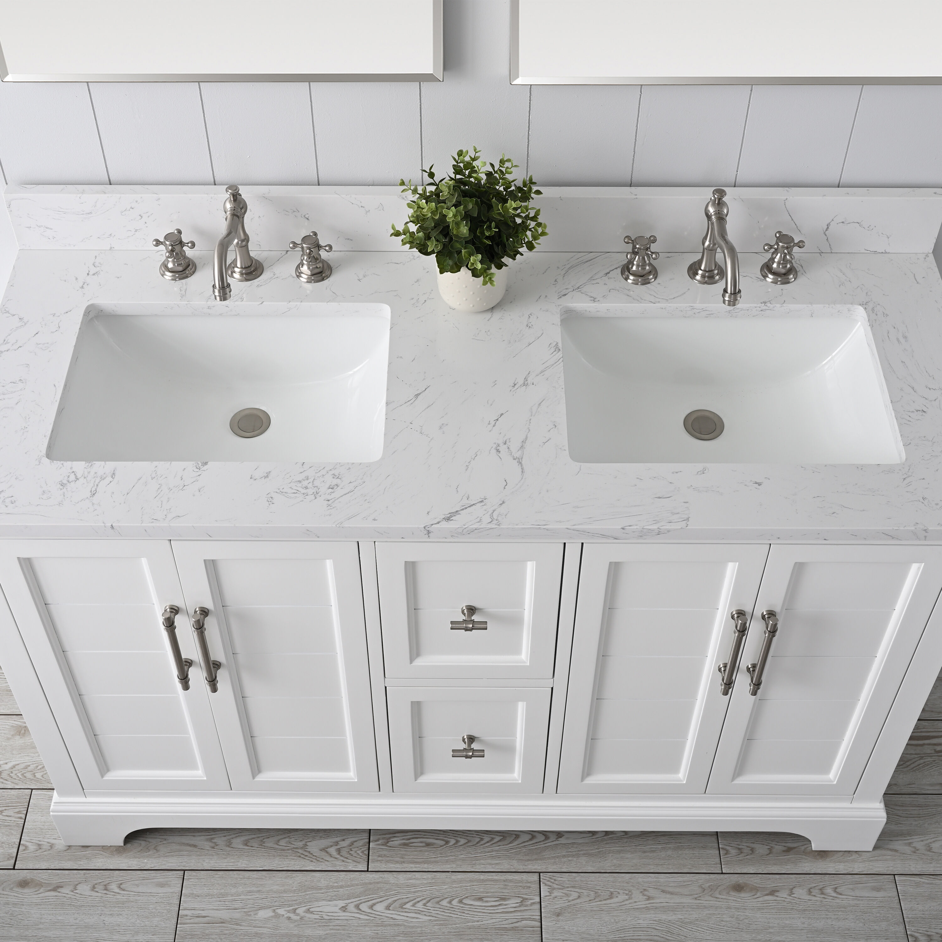 White Double Sink Bathroom Vanity with Quartz Top and Backsplash
