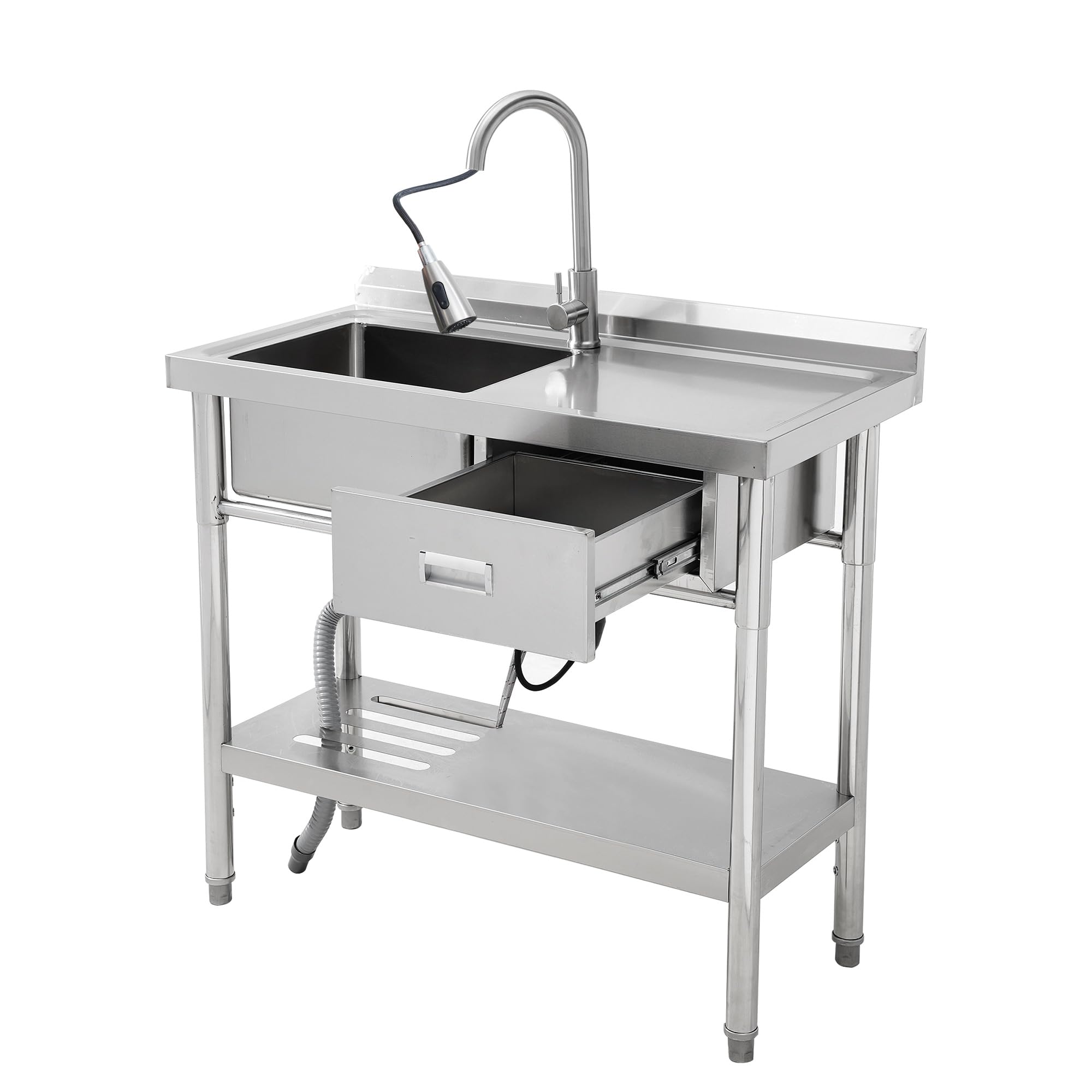 DEXSO Freestanding Stainless Steel Utility Sink 39 Inch Single Bowl with Right Drawer Workbench and Hot Cold Water Faucet